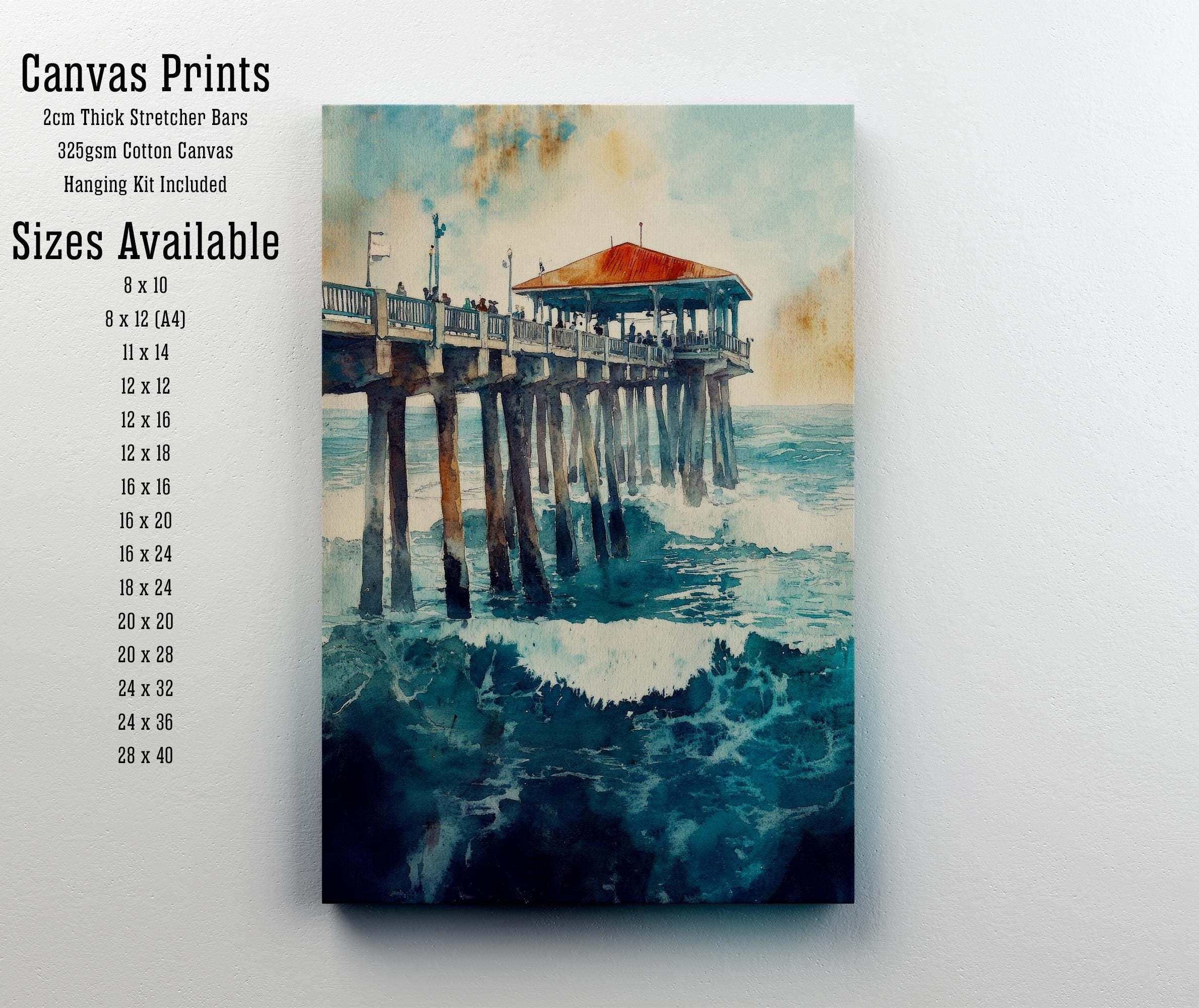 Huntington Beach Watercolor Painting California Beach Art Huntington Beach Poster Watercolor Coastal Landscape Surf Art Scenic Beach Decor