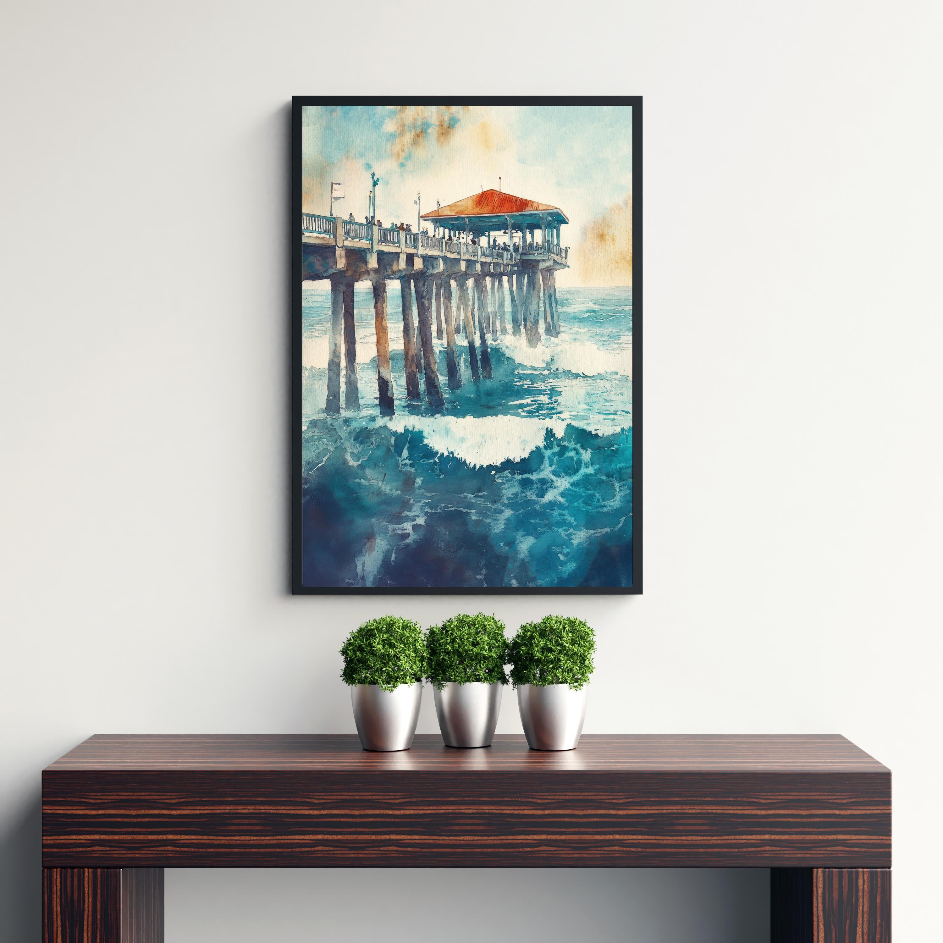Huntington Beach Watercolor Painting California Beach Art Huntington Beach Poster Watercolor Coastal Landscape Surf Art Scenic Beach Decor