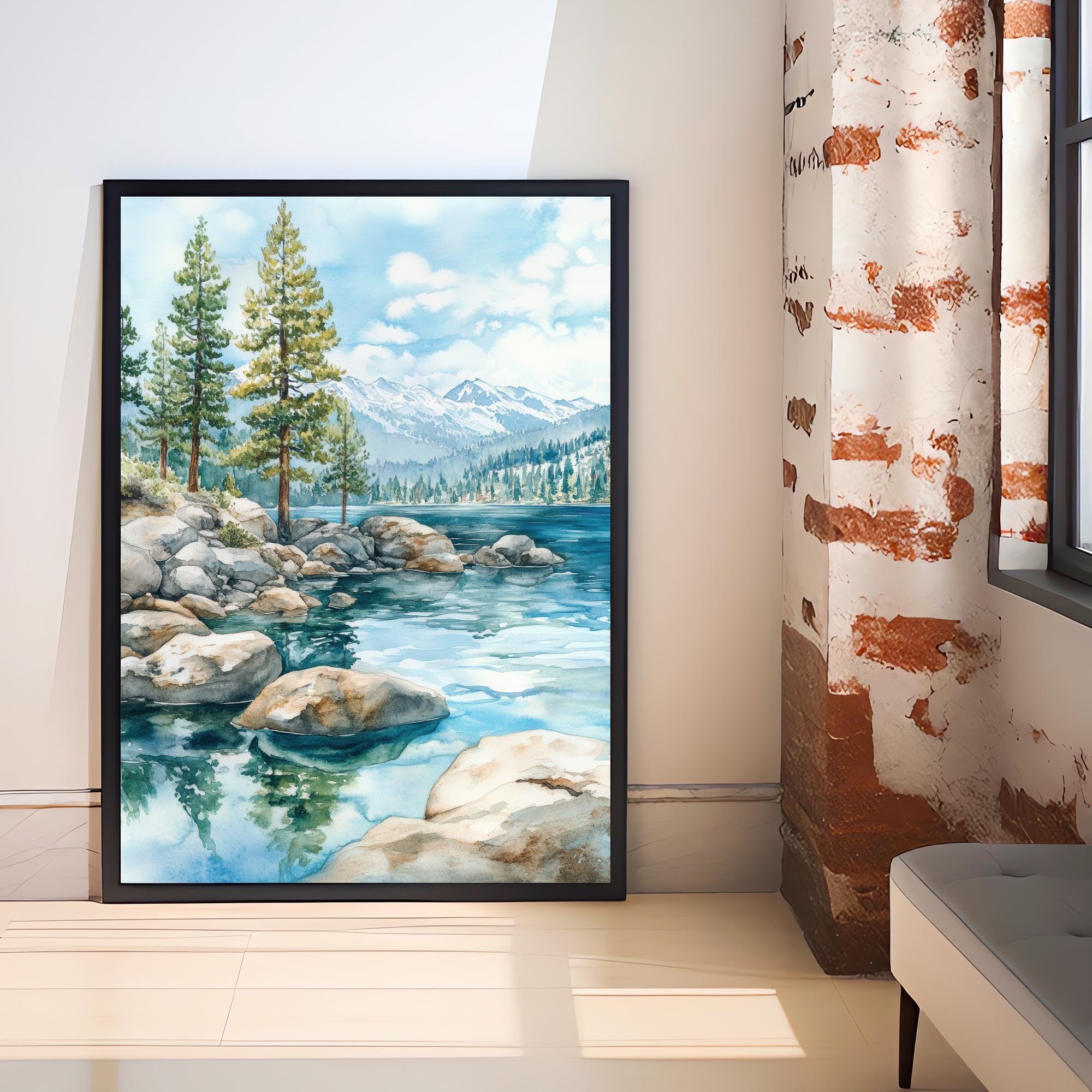 Lake Tahoe Watercolor Painting Lake Tahoe Landscape Art Watercolor Nature Print Scenic Lake Tahoe Art Mountain Lake Decor