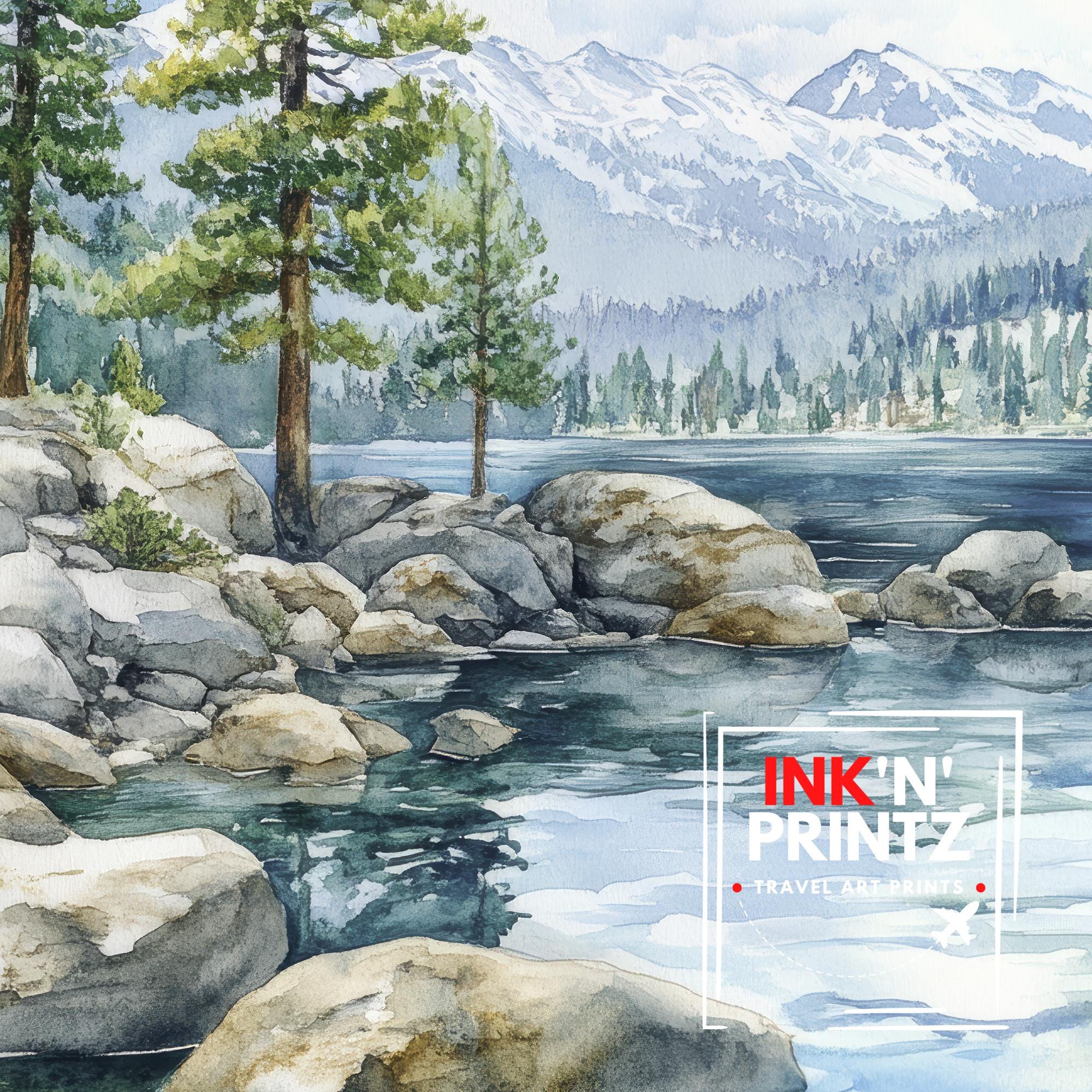 Lake Tahoe Watercolor Painting Lake Tahoe Landscape Art Watercolor Nature Print Scenic Lake Tahoe Art Mountain Lake Decor