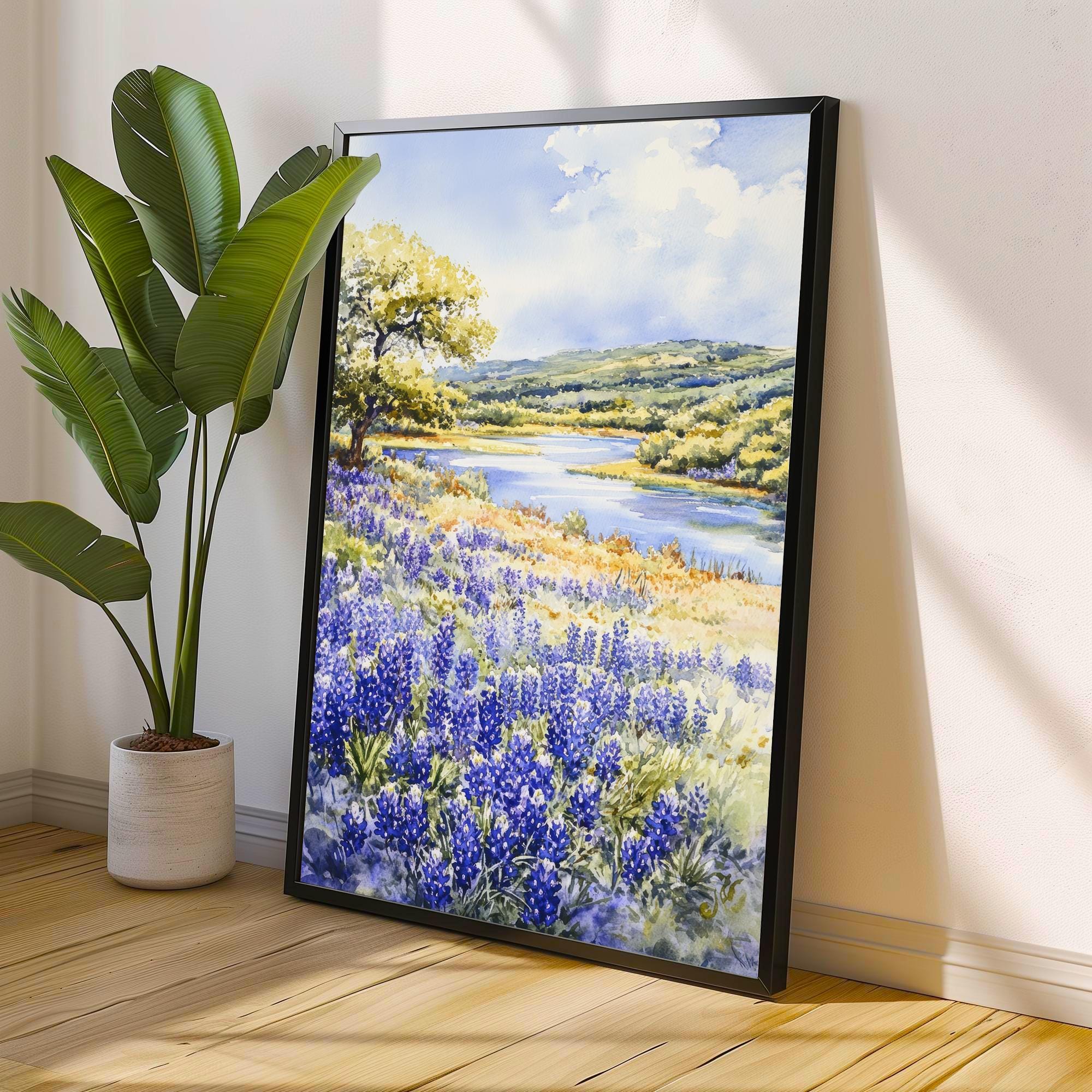 Texas Hill Country Watercolor Painting Texas Landscape Art Watercolor Hill Country Print Scenic Texas Art Wildflower Decor
