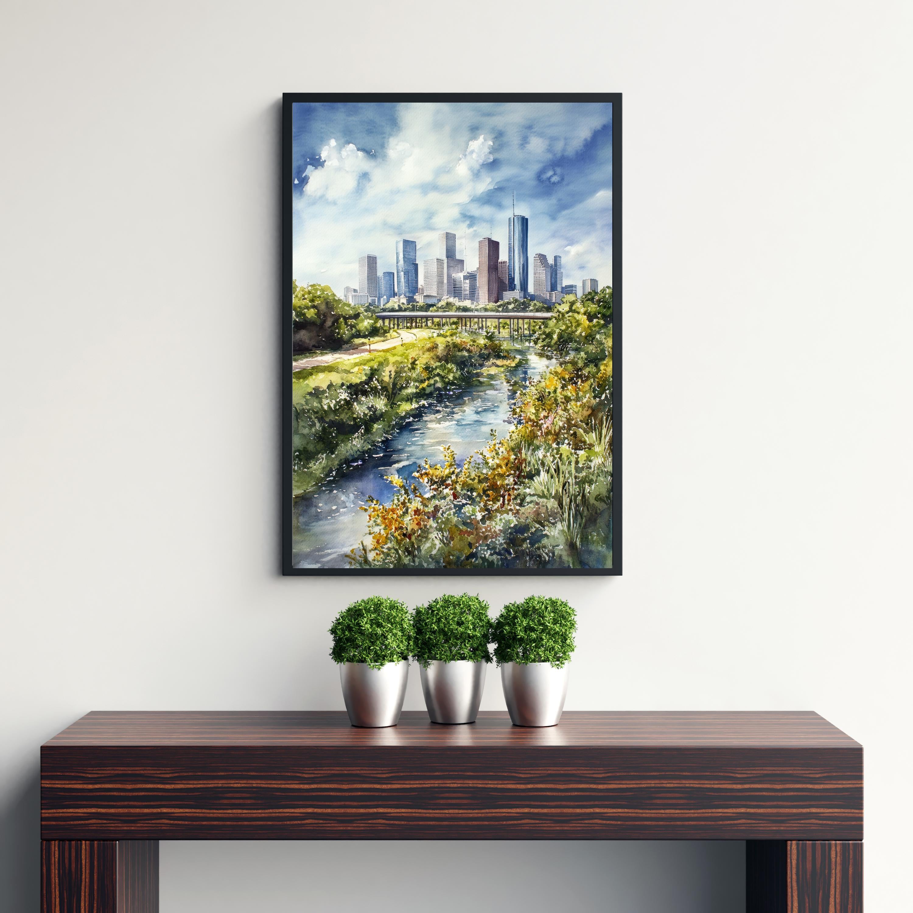 Houston Watercolor Painting Texas City Art Houston Skyline Print Urban Watercolor Landscape Houston Wall Art Scenic Houston Decor