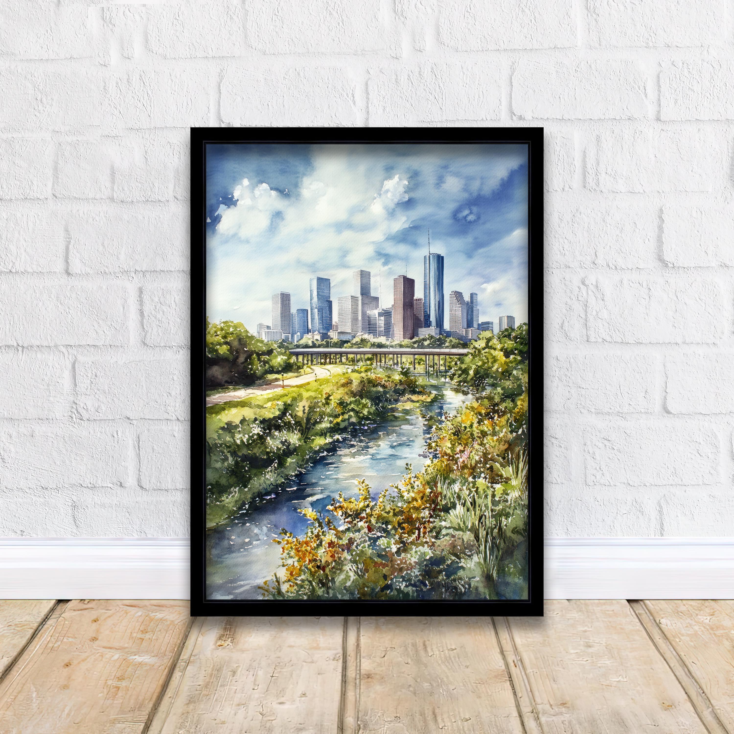 Houston Watercolor Painting Texas City Art Houston Skyline Print Urban Watercolor Landscape Houston Wall Art Scenic Houston Decor