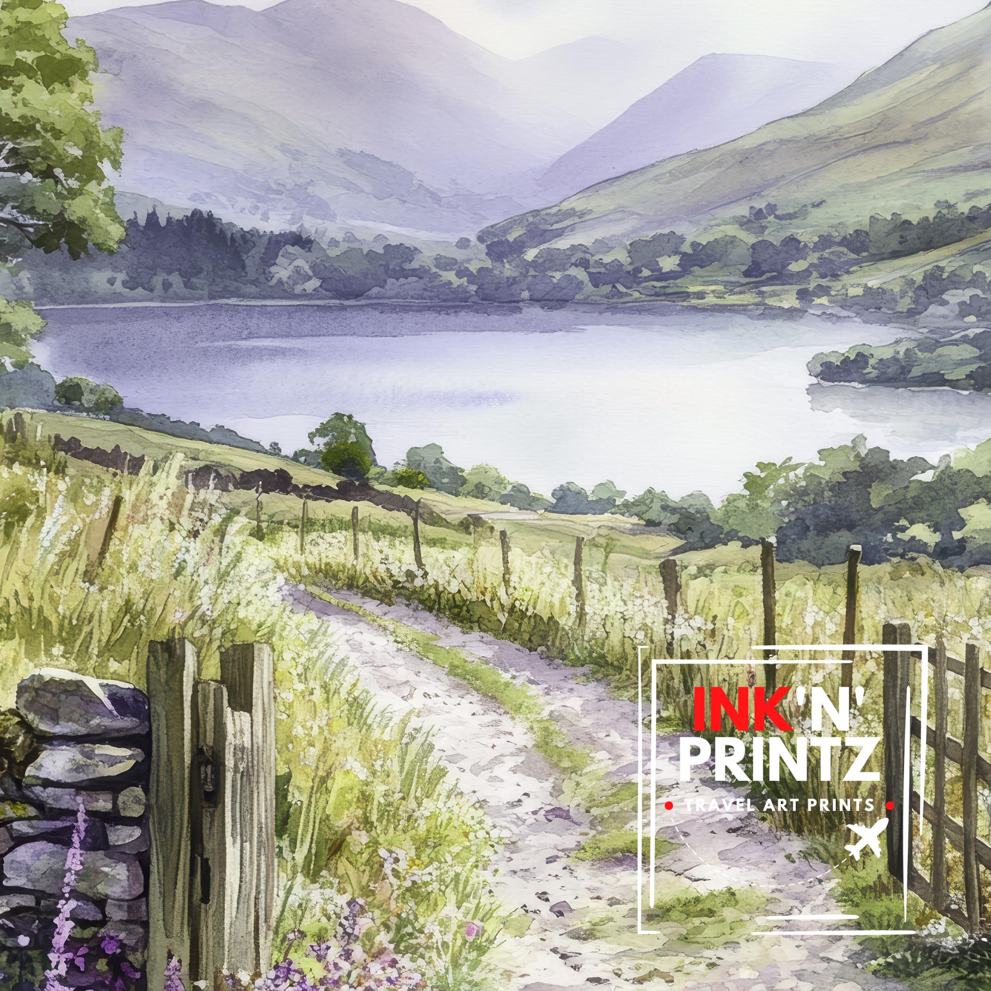 Keswick Lake District Watercolour Painting UK Landscape Art Keswick Poster Watercolour Lake Art Scenic Keswick