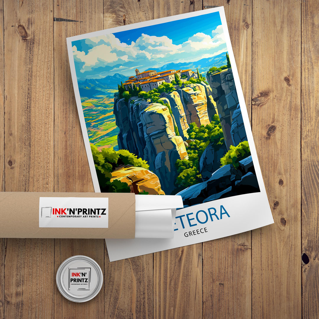 Meteora Greece Travel Poster – Monasteries & Greek Landscape Wall Art