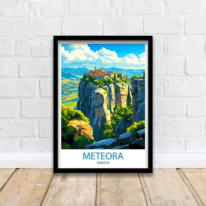 Meteora Greece Travel Poster – Monasteries & Greek Landscape Wall Art