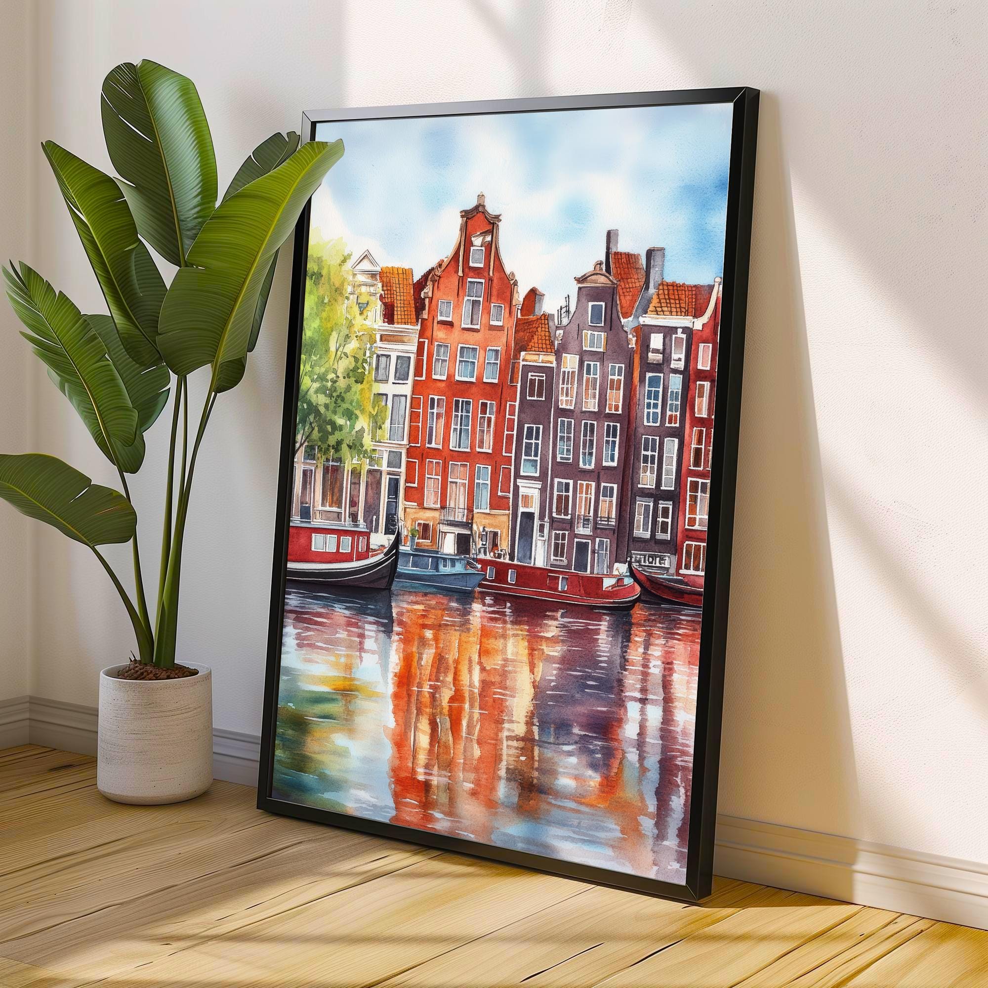 Amsterdam Watercolor Painting Wall Art Amsterdam Poster Canal Art Watercolor Art Dutch Architecture Travel Art Nature Lover Gift