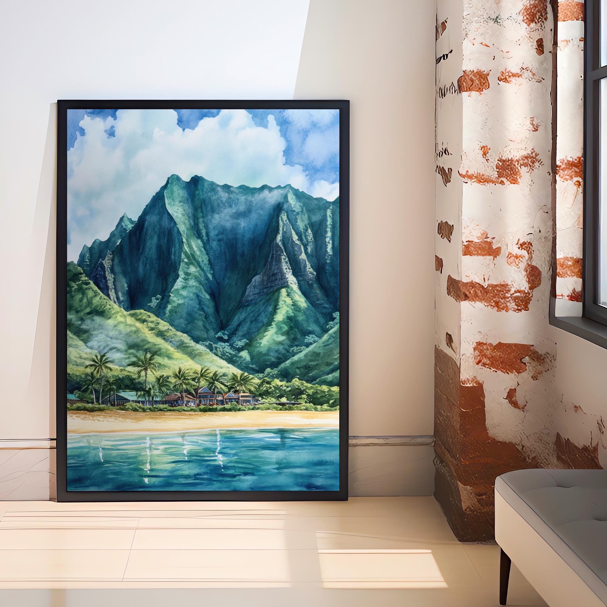 Oahu Watercolor Painting Hawaii Landscape Art Oahu Print Scenic Hawaiian Art Watercolor Beach Decor Tropical Island Art