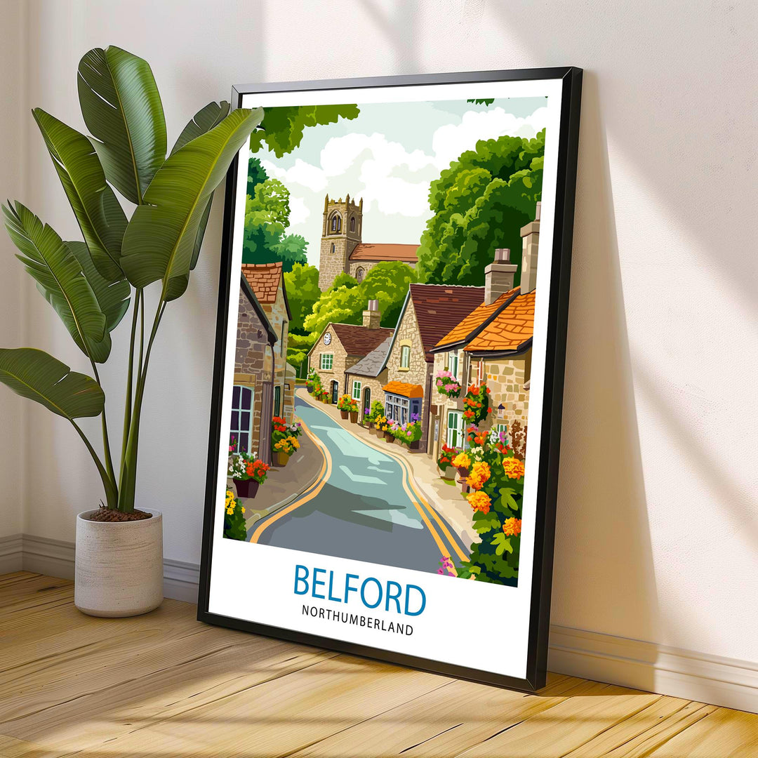 Belford Northumberland Travel Poster UK Village Art Belford Poster Scenic Northumberland Poster British Countryside Decor