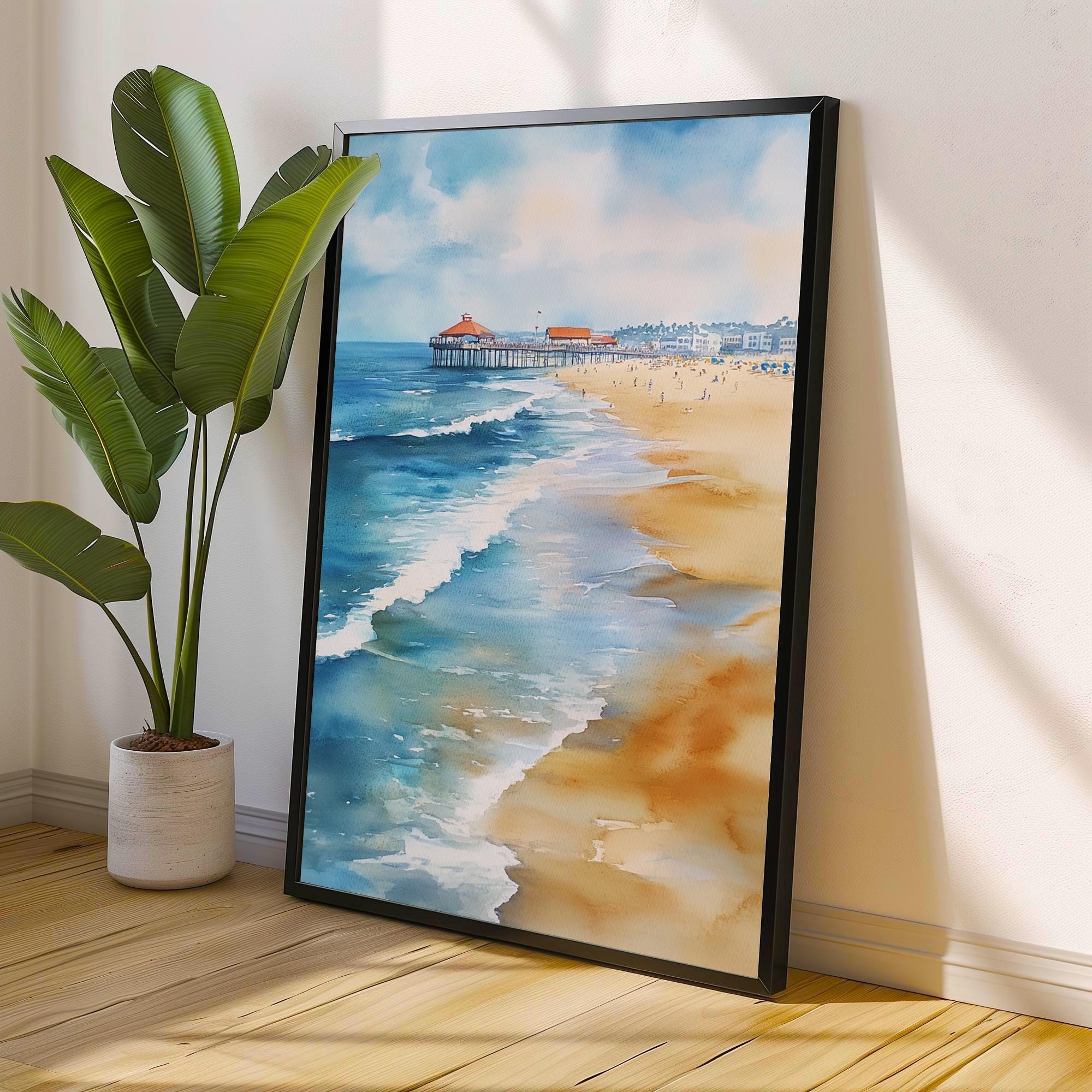 Huntington Beach Watercolor Painting California Beach Art Huntington Beach Print Watercolor Coastal Landscape Surf Art Scenic Beach Decor