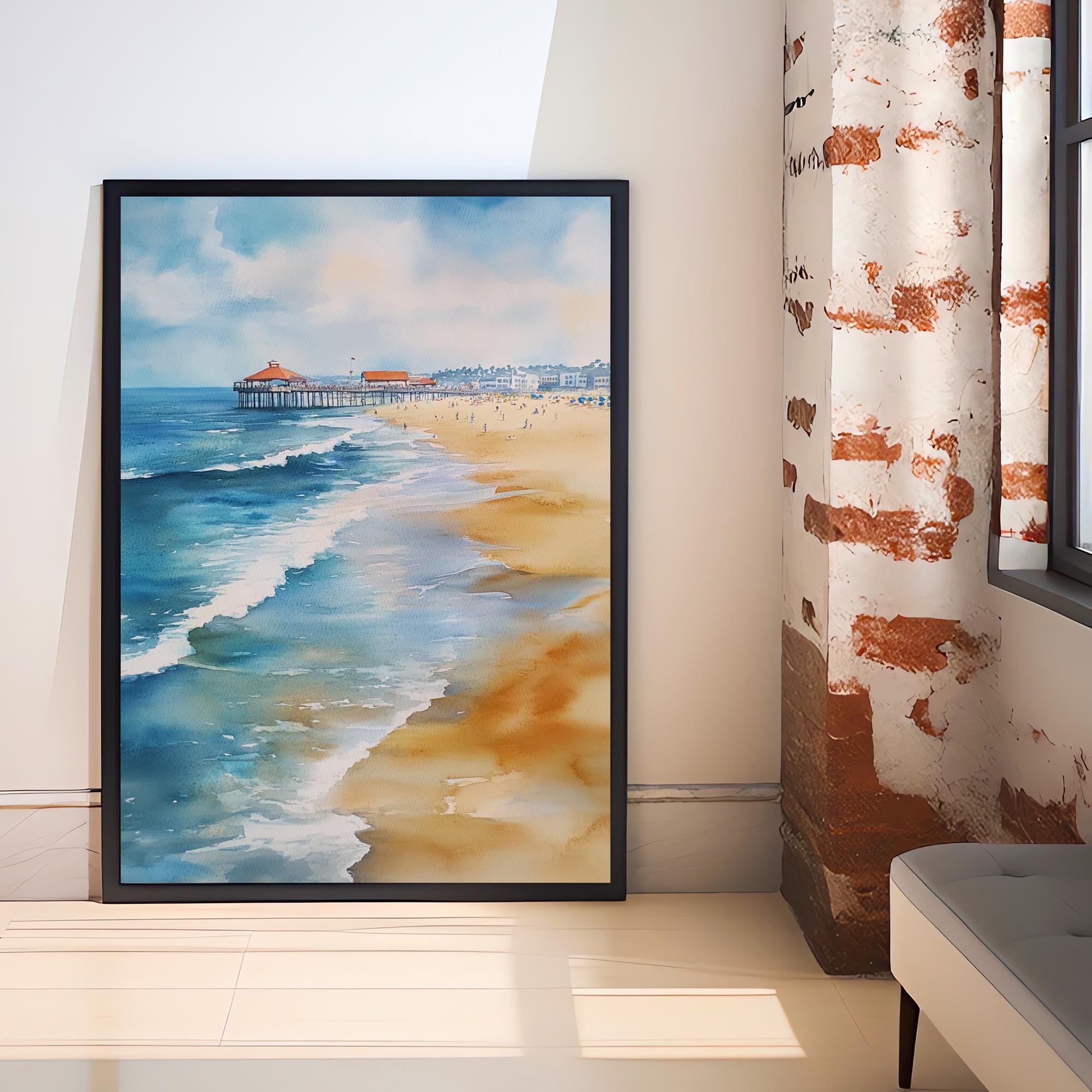 Huntington Beach Watercolor Painting California Beach Art Huntington Beach Print Watercolor Coastal Landscape Surf Art Scenic Beach Decor