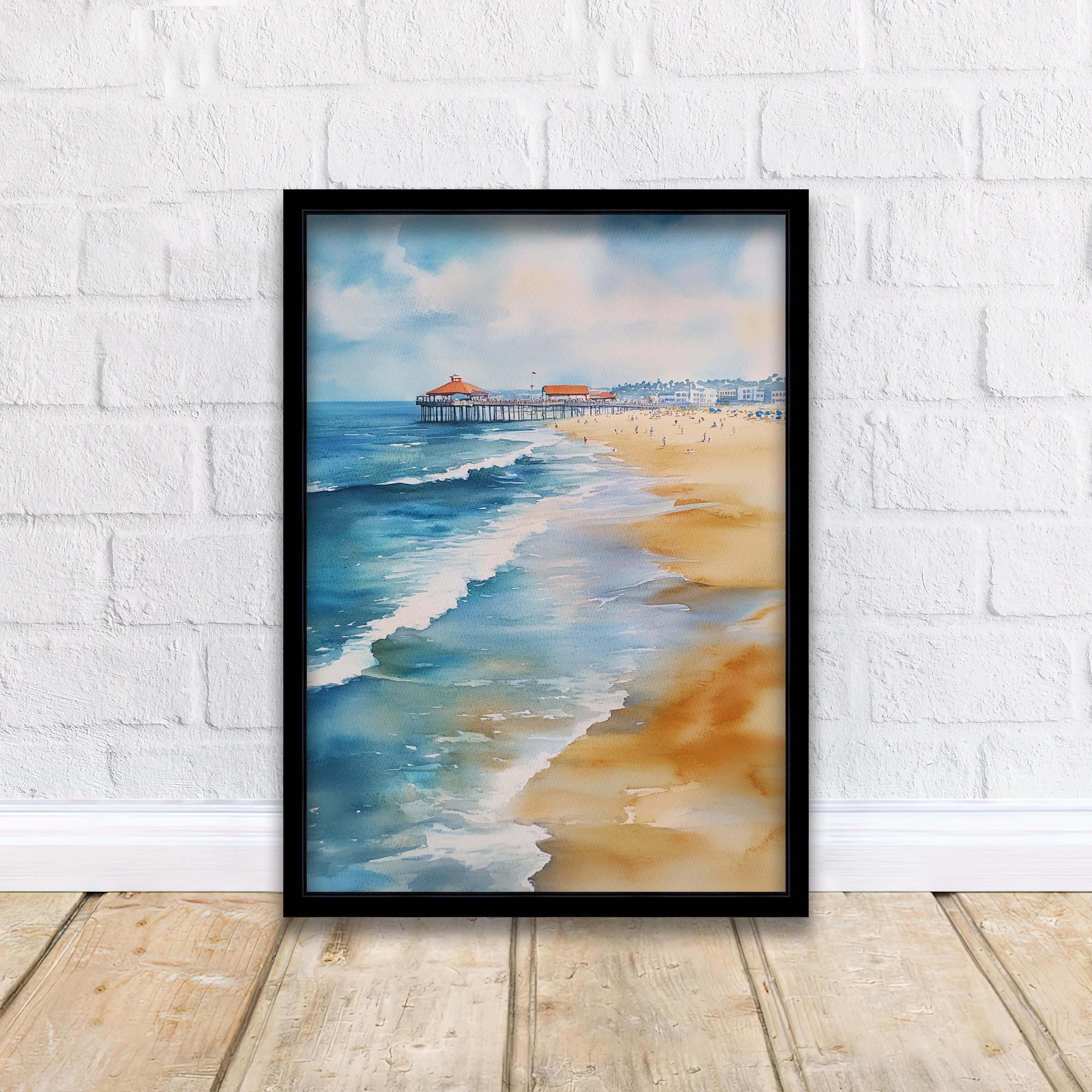 Huntington Beach Watercolor Painting California Beach Art Huntington Beach Print Watercolor Coastal Landscape Surf Art Scenic Beach Decor