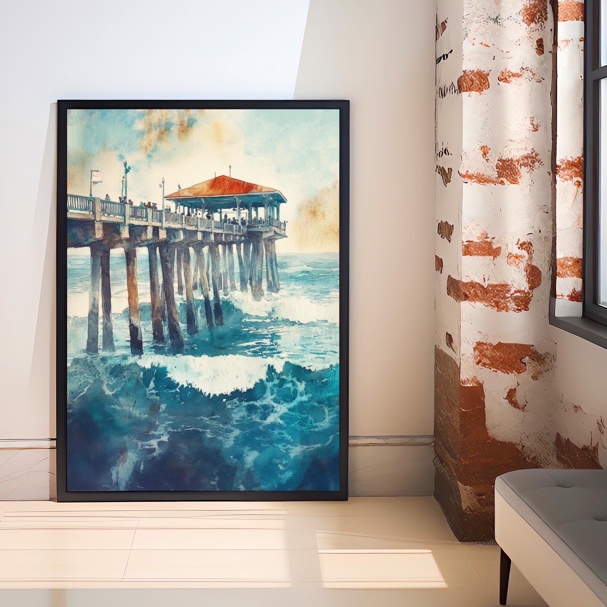 Huntington Beach Watercolor Painting California Beach Art Huntington Beach Poster Watercolor Coastal Landscape Surf Art Scenic Beach Decor