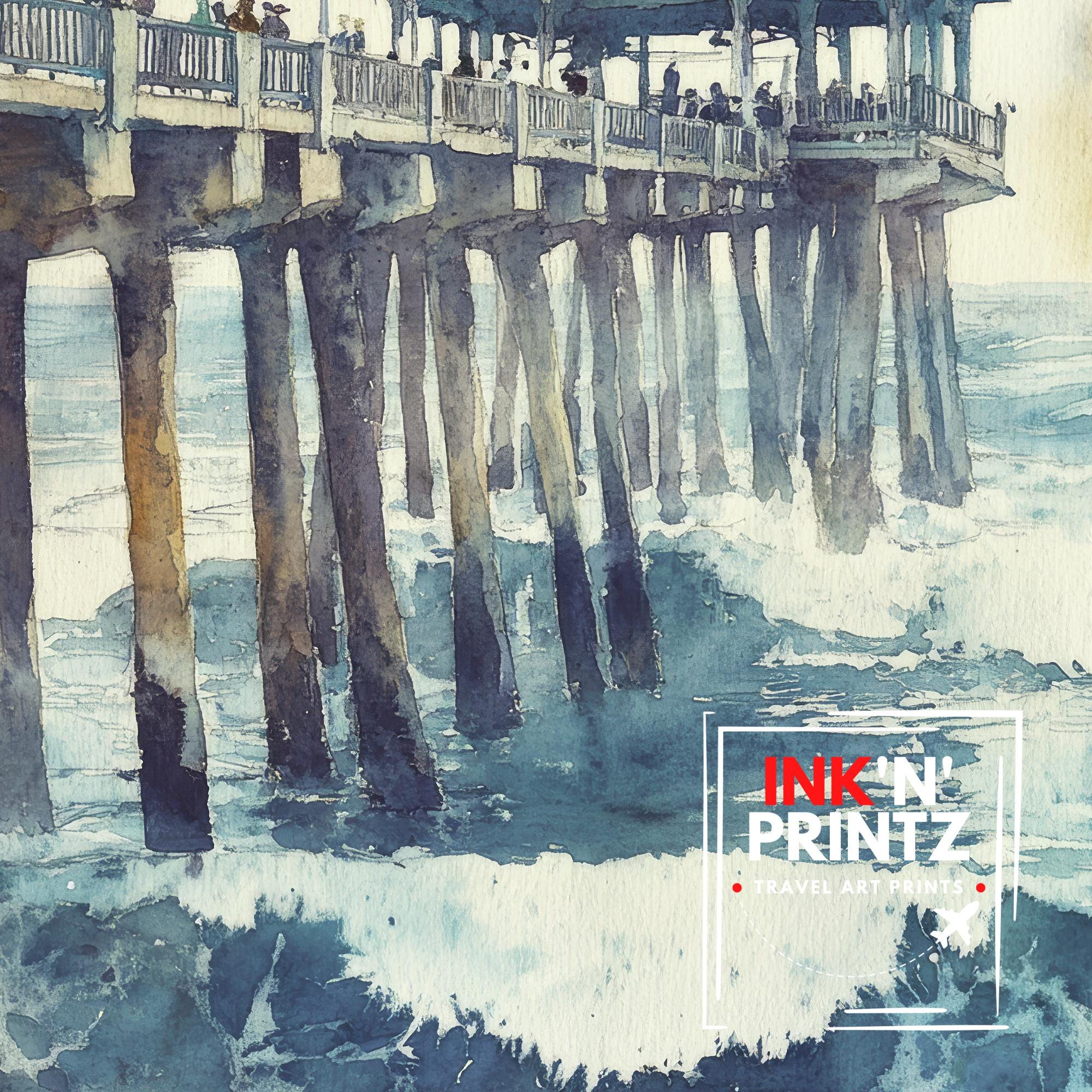 Huntington Beach Watercolor Painting California Beach Art Huntington Beach Poster Watercolor Coastal Landscape Surf Art Scenic Beach Decor