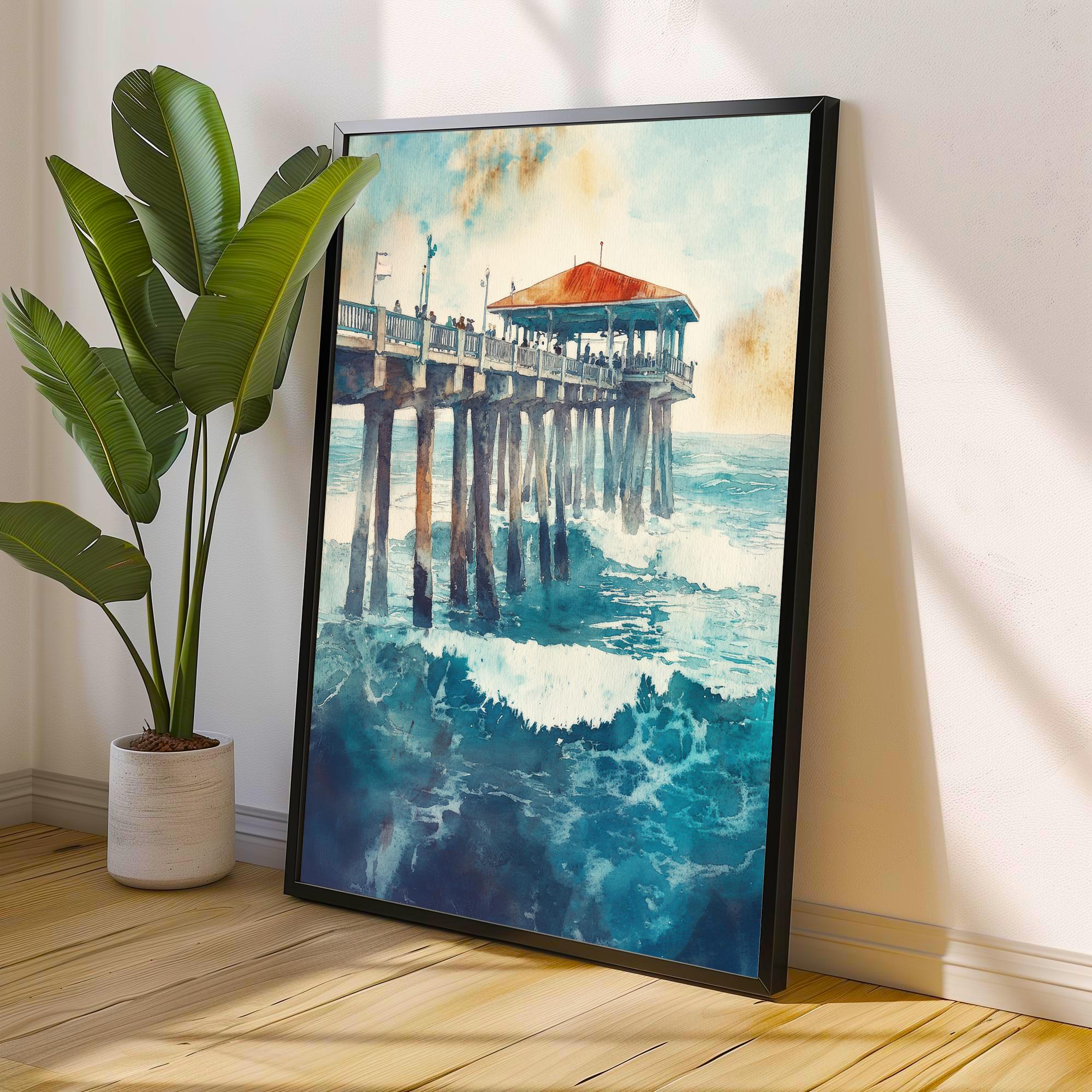 Huntington Beach Watercolor Painting California Beach Art Huntington Beach Poster Watercolor Coastal Landscape Surf Art Scenic Beach Decor