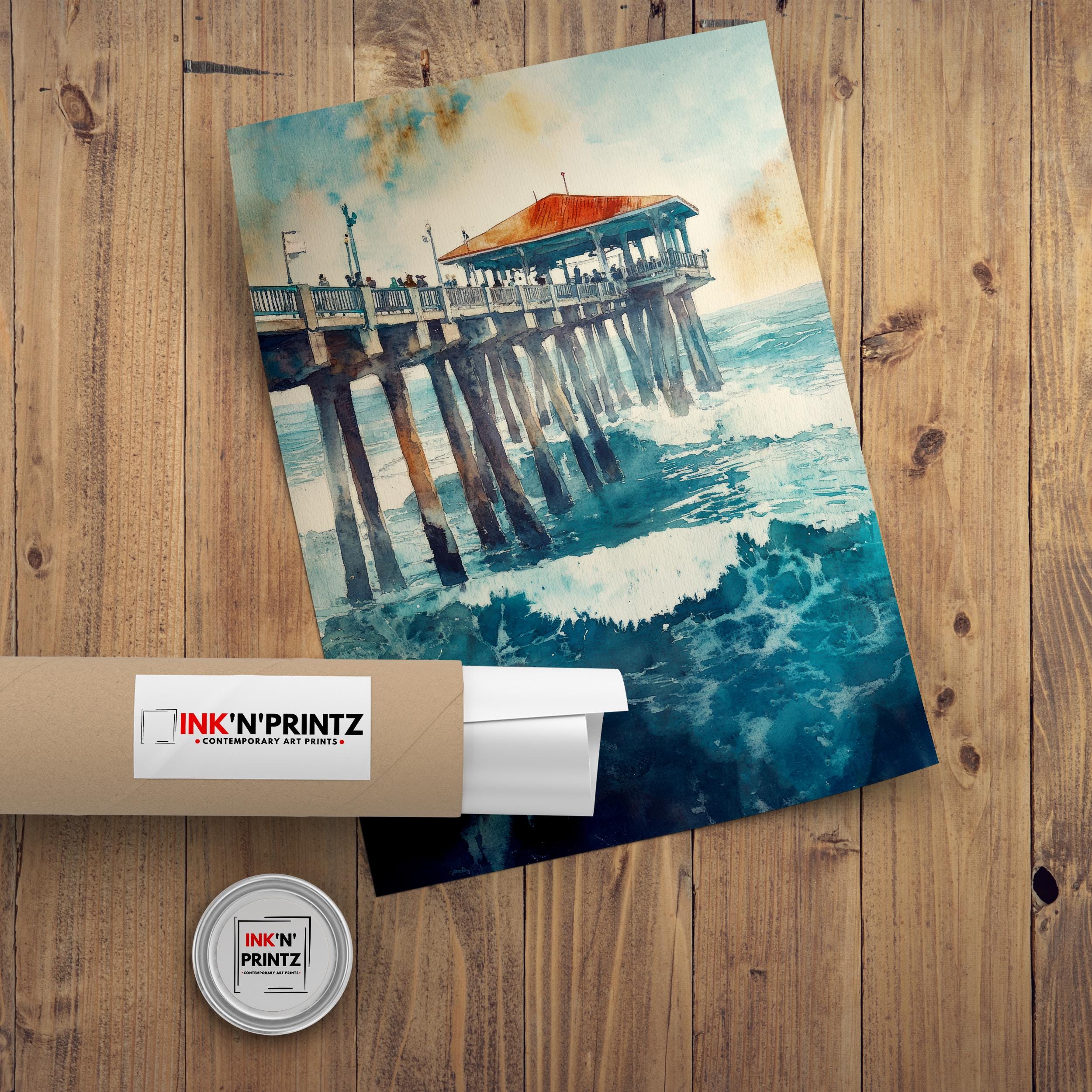 Huntington Beach Watercolor Painting California Beach Art Huntington Beach Poster Watercolor Coastal Landscape Surf Art Scenic Beach Decor