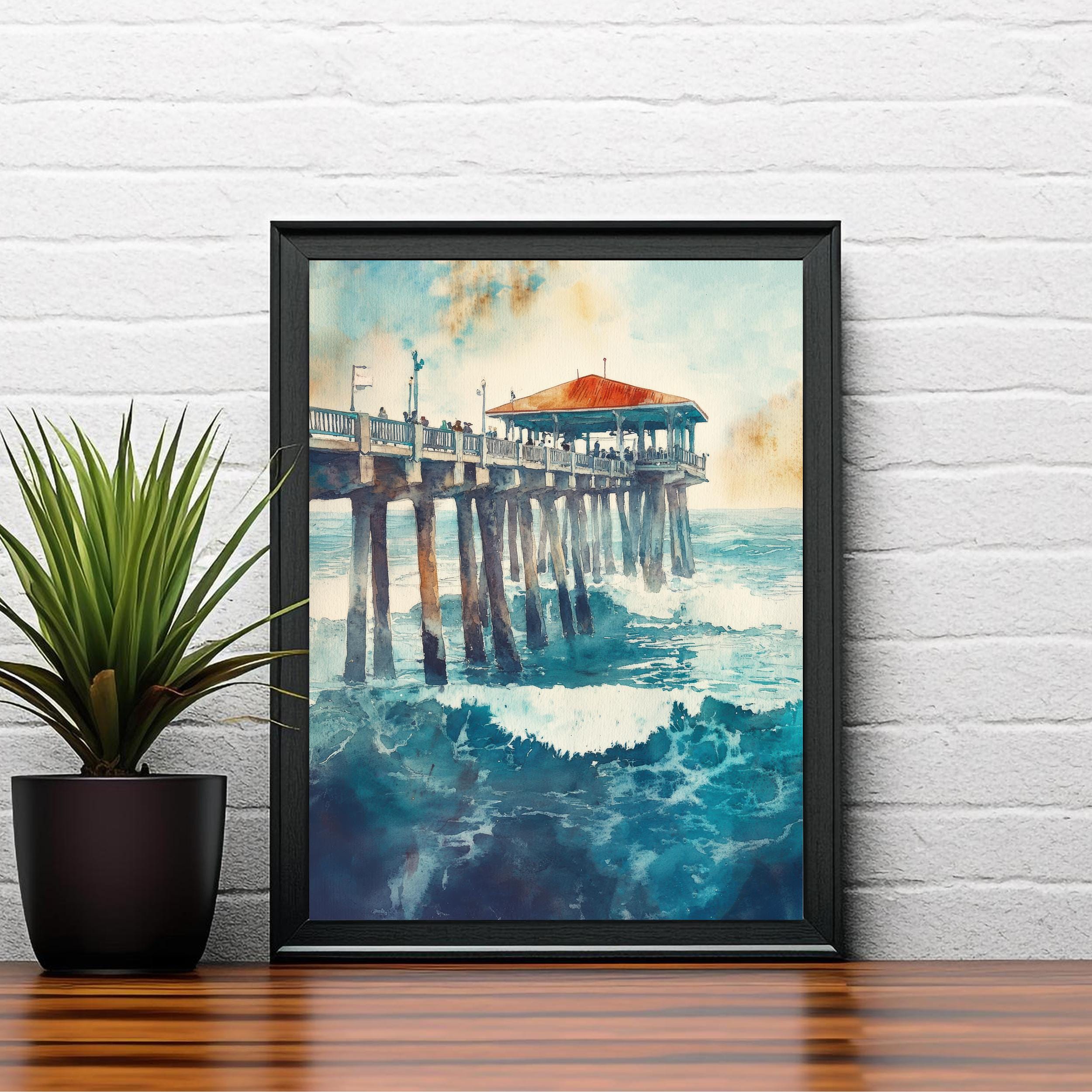 Huntington Beach Watercolor Painting California Beach Art Huntington Beach Poster Watercolor Coastal Landscape Surf Art Scenic Beach Decor