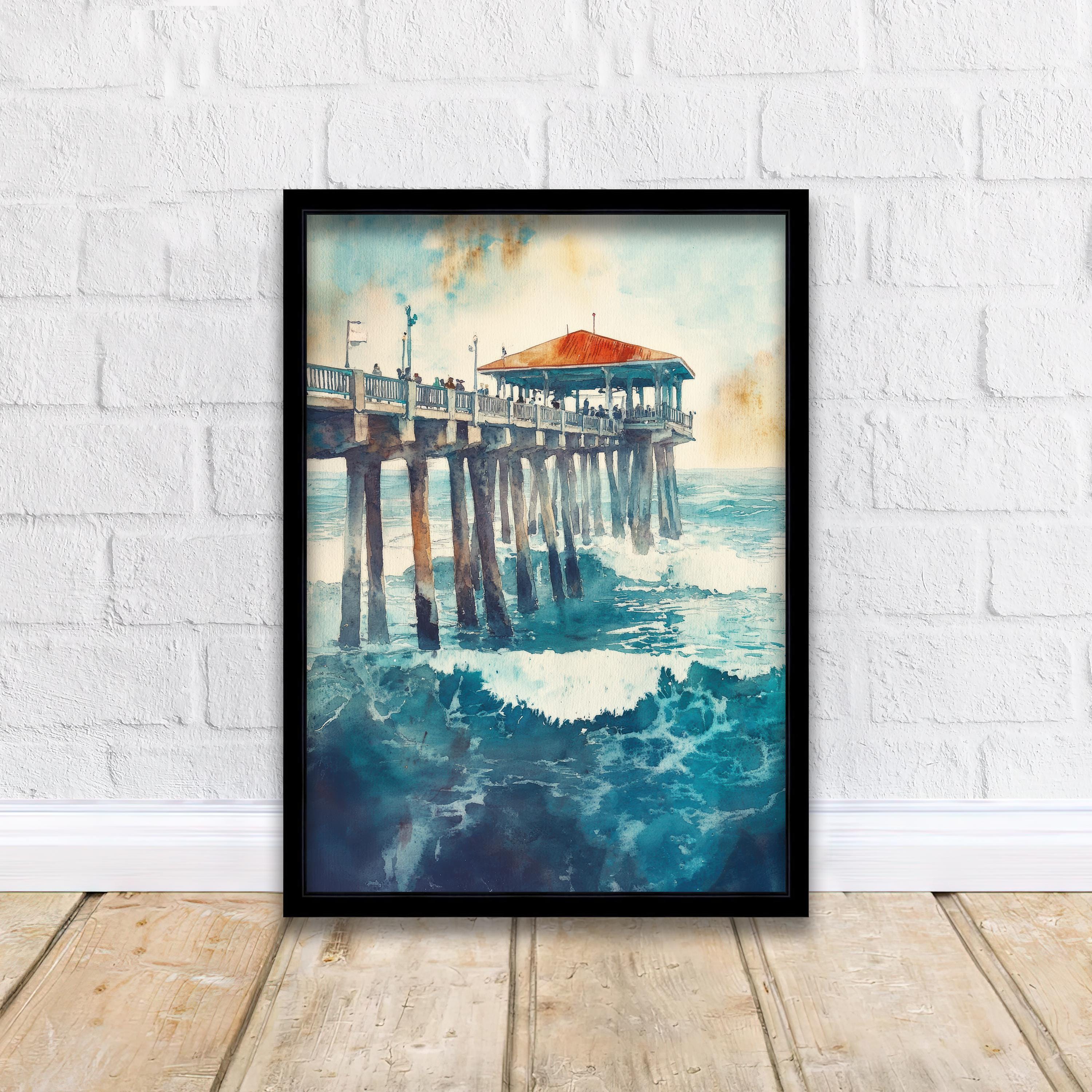 Huntington Beach Watercolor Painting California Beach Art Huntington Beach Poster Watercolor Coastal Landscape Surf Art Scenic Beach Decor