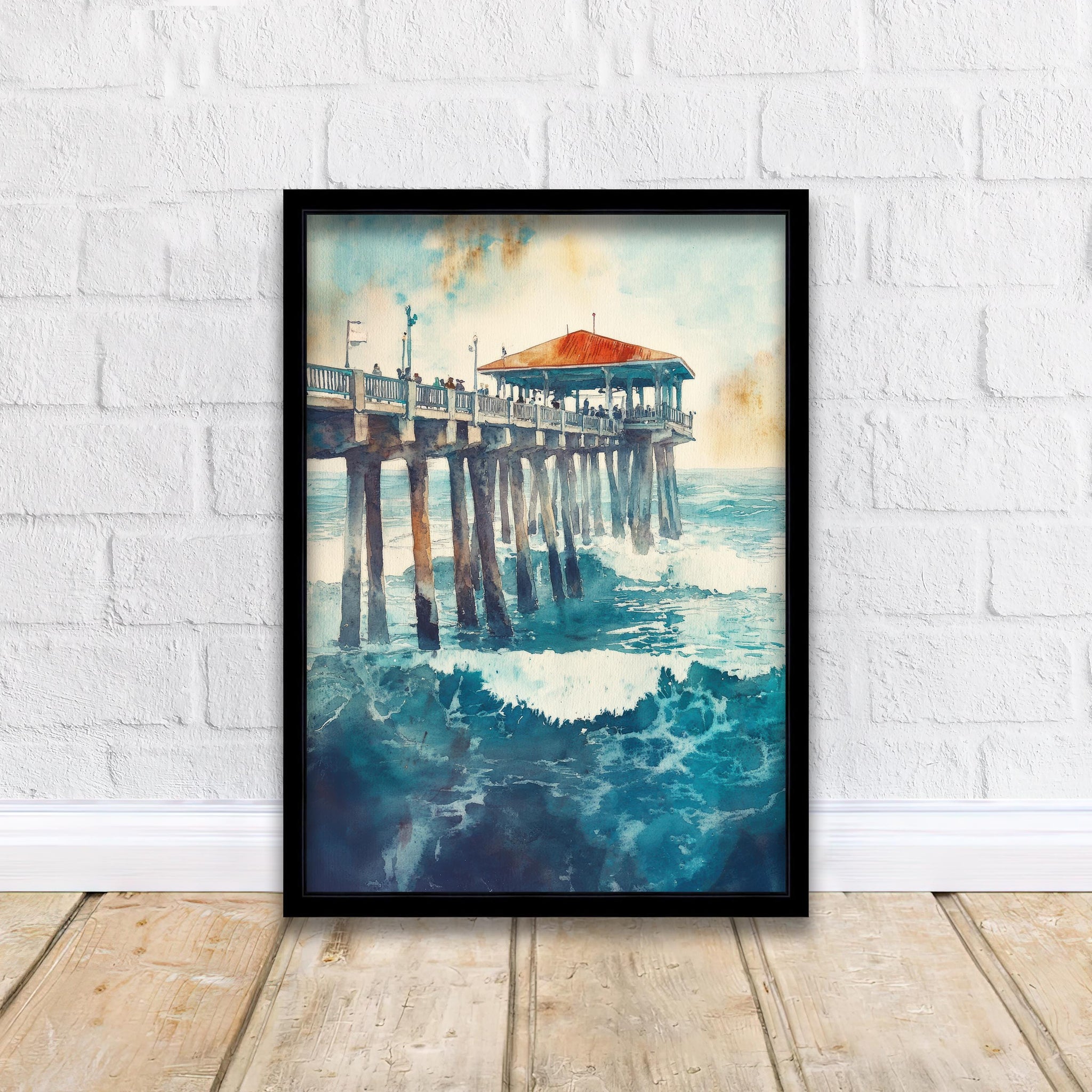 Huntington Beach Watercolor Painting California Beach Art Huntington Beach Poster Watercolor Coastal Landscape Surf Art Scenic Beach Decor