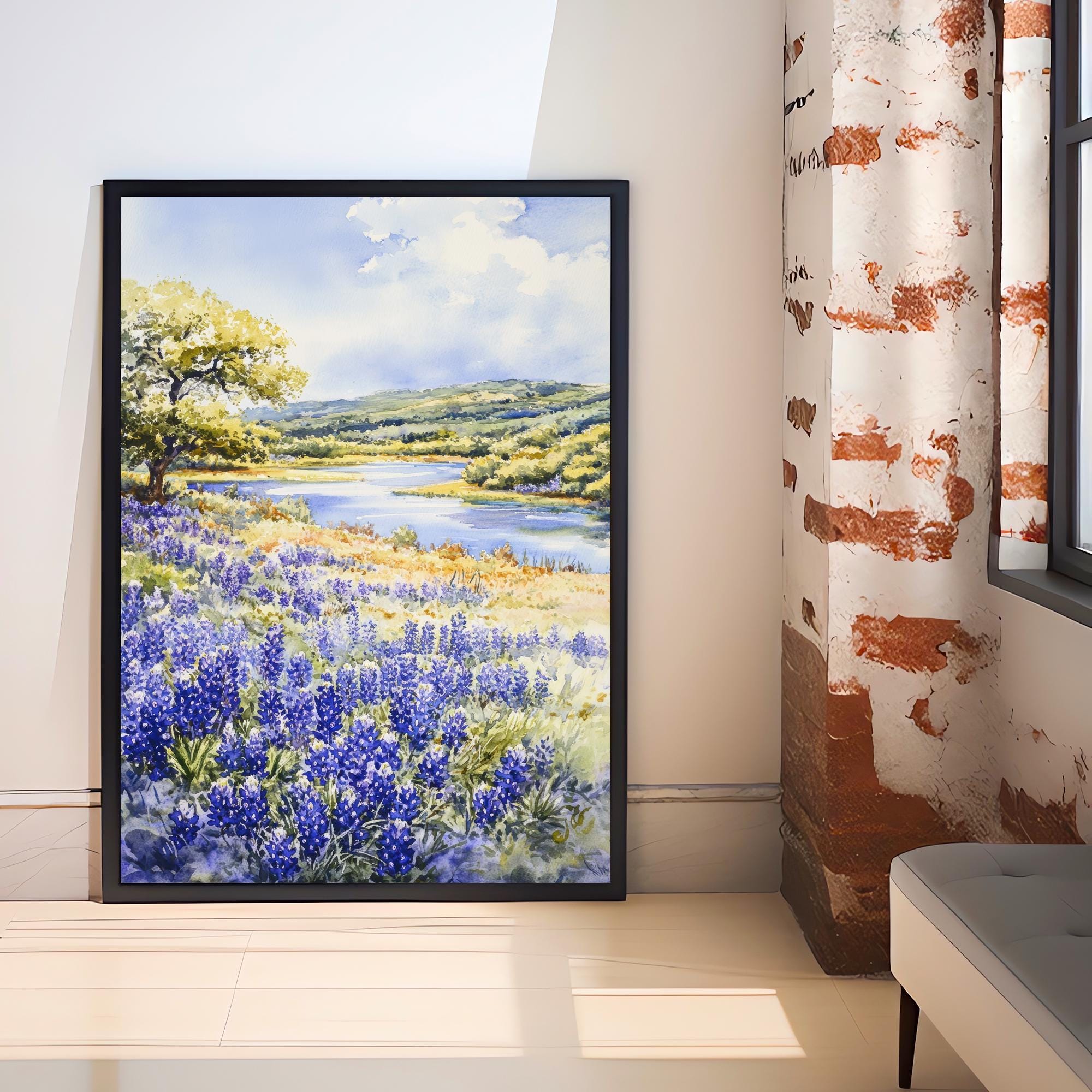 Texas Hill Country Watercolor Painting Texas Landscape Art Watercolor Hill Country Print Scenic Texas Art Wildflower Decor