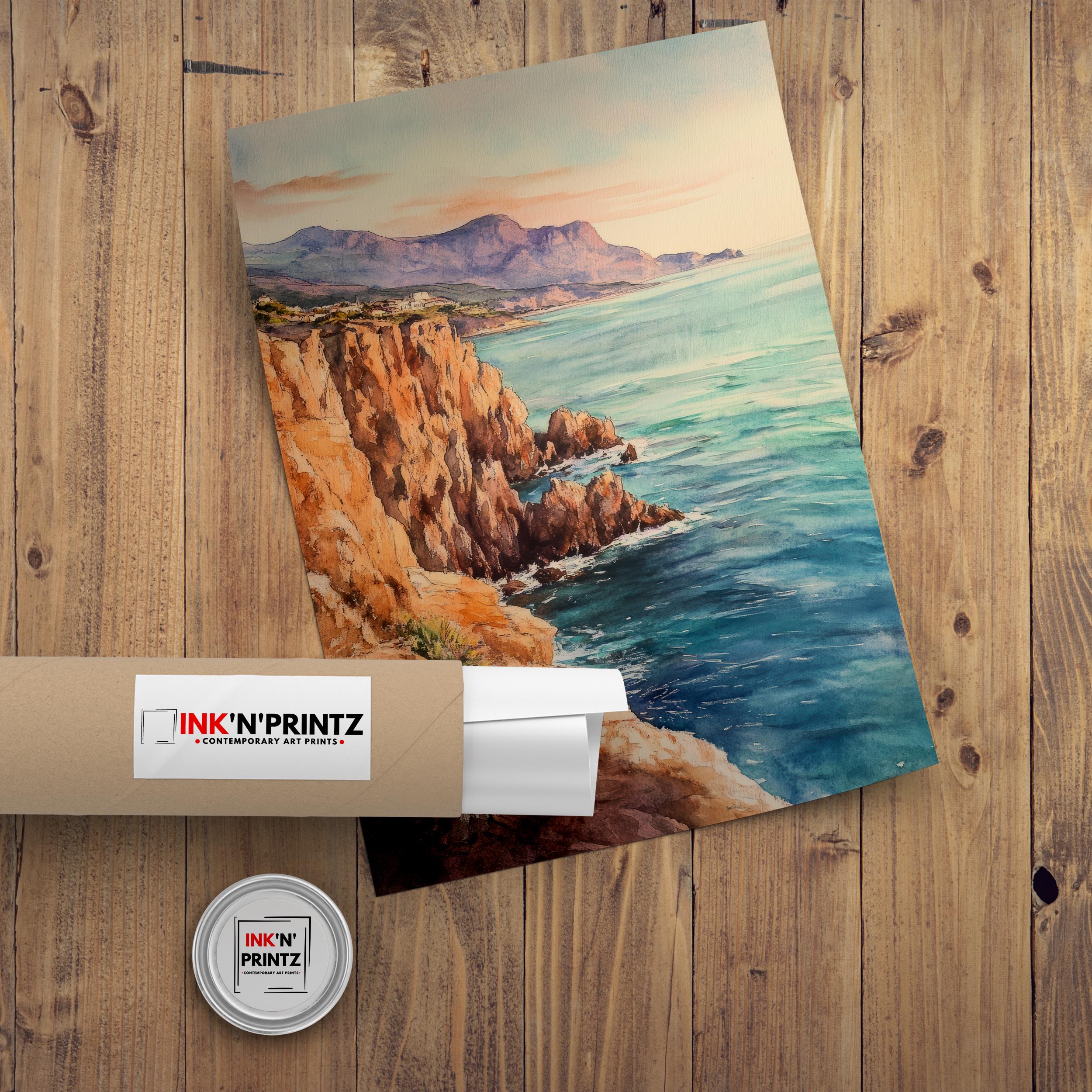 Sunset Cliffs Watercolor Painting Coastal Art Sunset Beach Print Seascape Watercolor Scenic Cliffs Wall Art