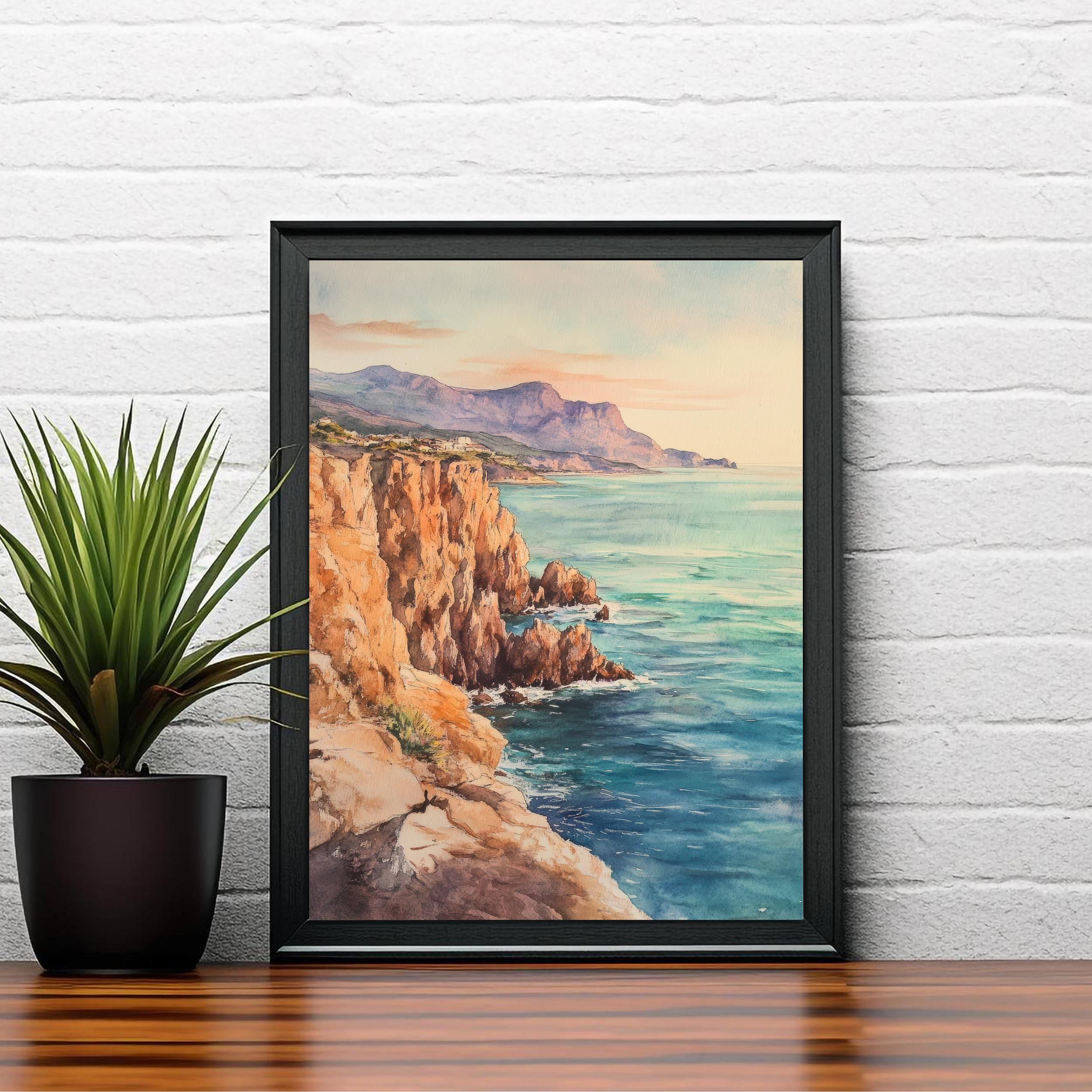 Sunset Cliffs Watercolor Painting Coastal Art Sunset Beach Print Seascape Watercolor Scenic Cliffs Wall Art