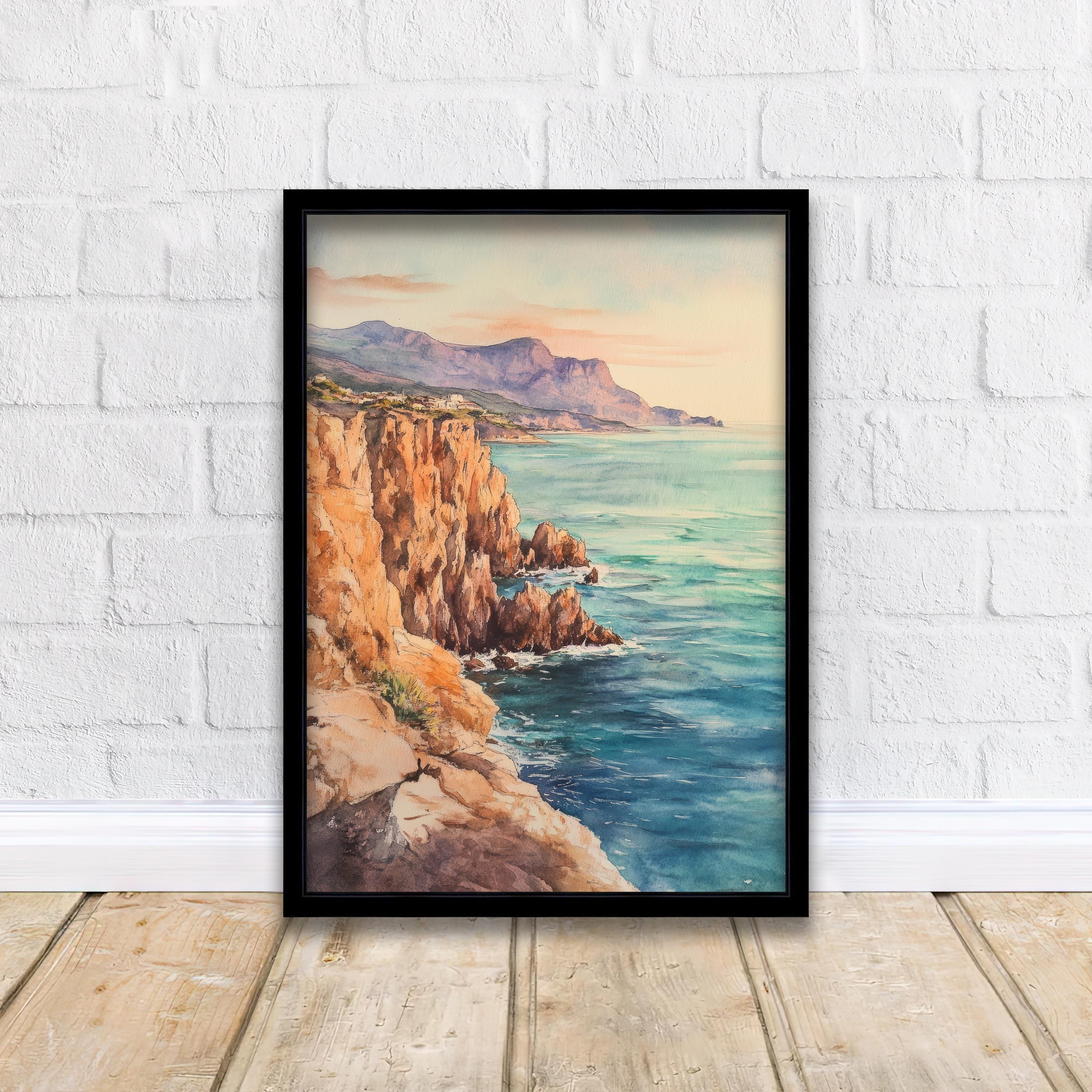 Sunset Cliffs Watercolor Painting Coastal Art Sunset Beach Print Seascape Watercolor Scenic Cliffs Wall Art