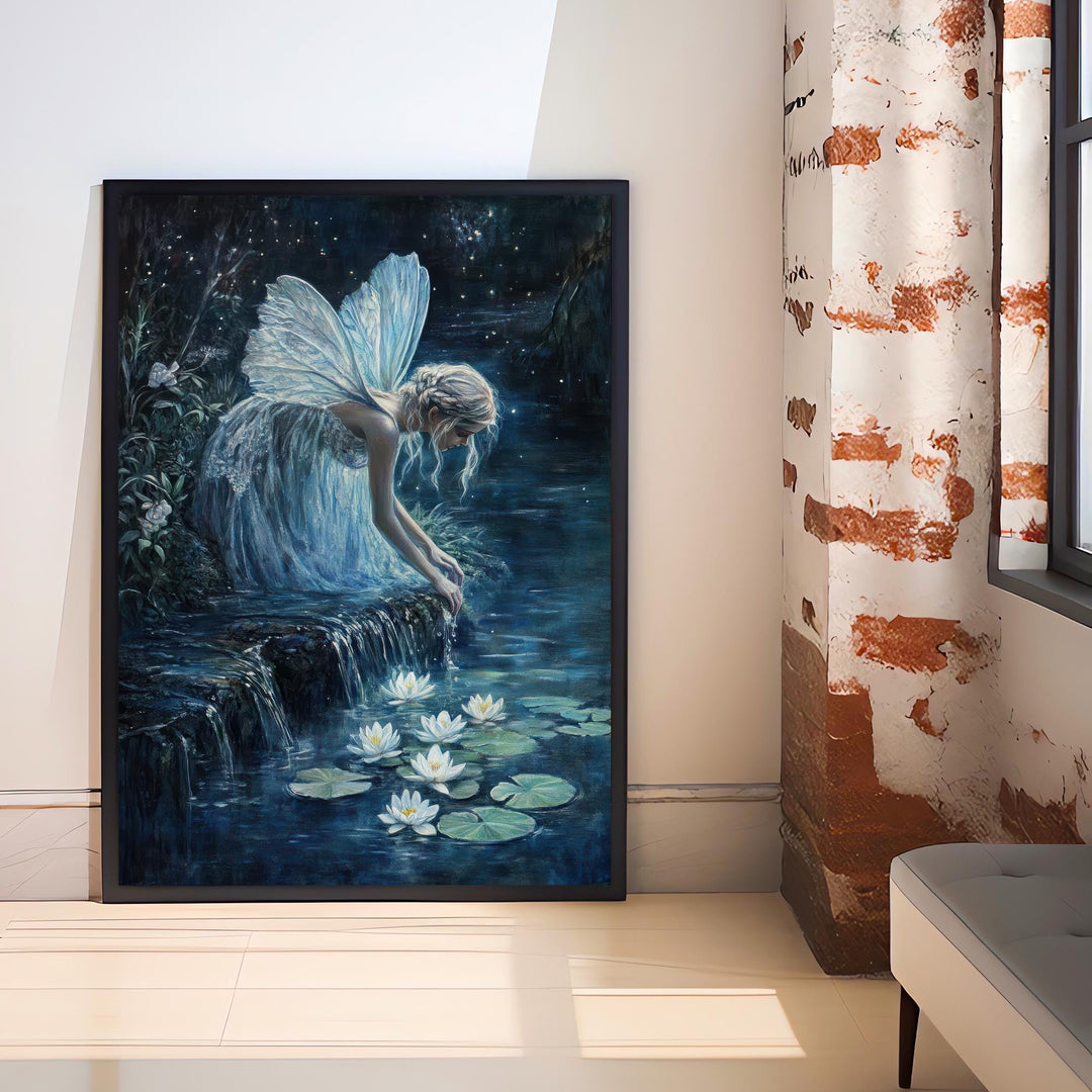 Fairy Moonlit Stream Art Print Cottagecore & Dark Academia Decor Mystical Woodland Wall Art Vintage Nature Poster for Enchanted Interiors
