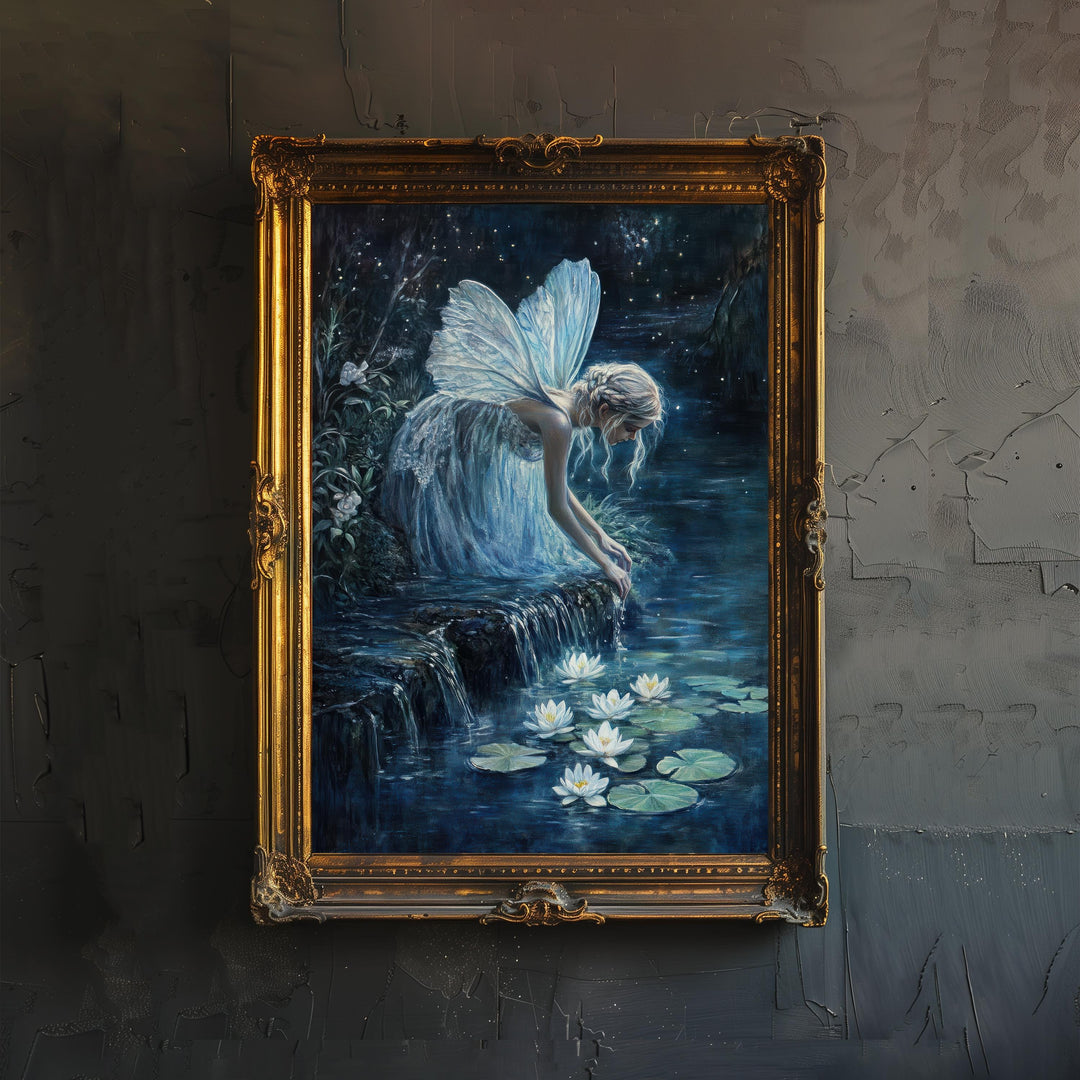 Fairy Moonlit Stream Art Print Cottagecore & Dark Academia Decor Mystical Woodland Wall Art Vintage Nature Poster for Enchanted Interiors