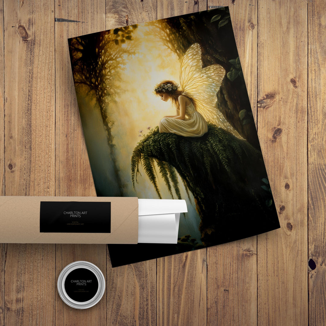 Fairy Sitting on Fern Art Print Cottagecore & Dark Academia Decor Whimsical Woodland Wall Art Vintage Nature Poster for Enchanted Interiors