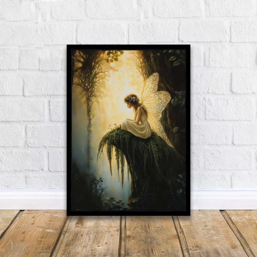Fairy Sitting on Fern Art Print Cottagecore & Dark Academia Decor Whimsical Woodland Wall Art Vintage Nature Poster for Enchanted Interiors