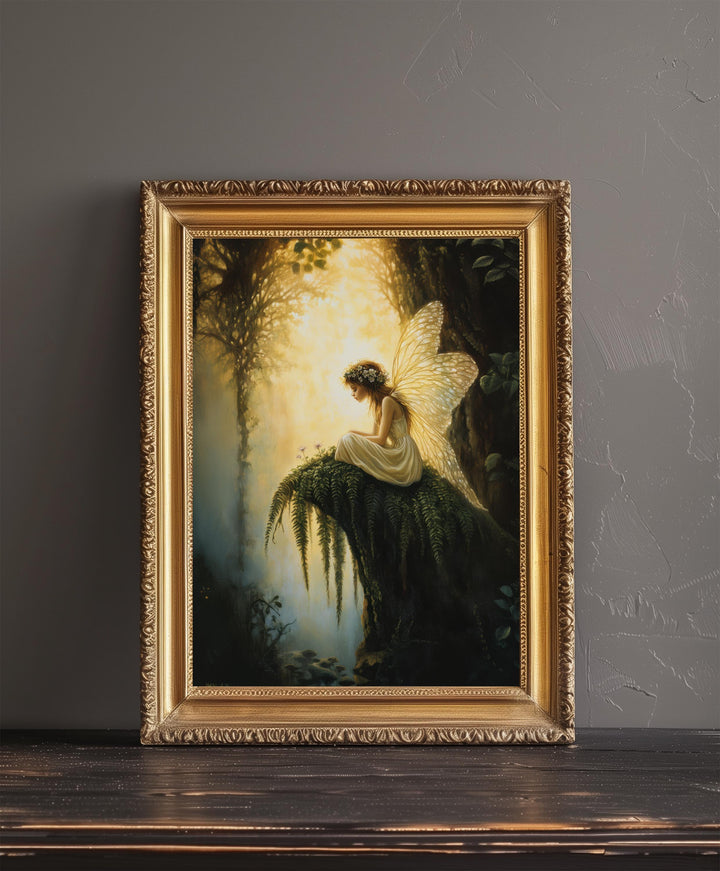 Fairy Sitting on Fern Art Print Cottagecore & Dark Academia Decor Whimsical Woodland Wall Art Vintage Nature Poster for Enchanted Interiors