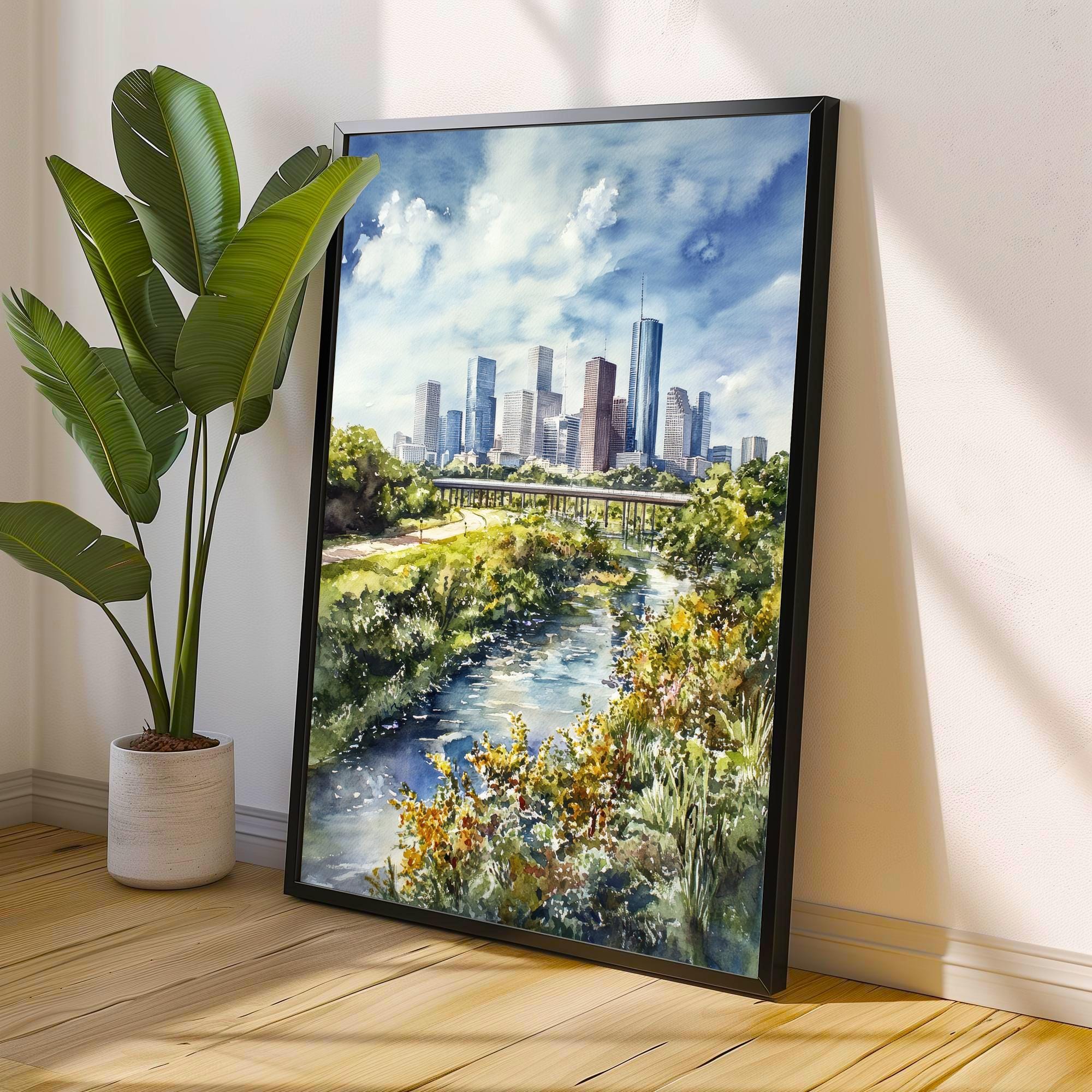 Houston Watercolor Painting Texas City Art Houston Skyline Print Urban Watercolor Landscape Houston Wall Art Scenic Houston Decor