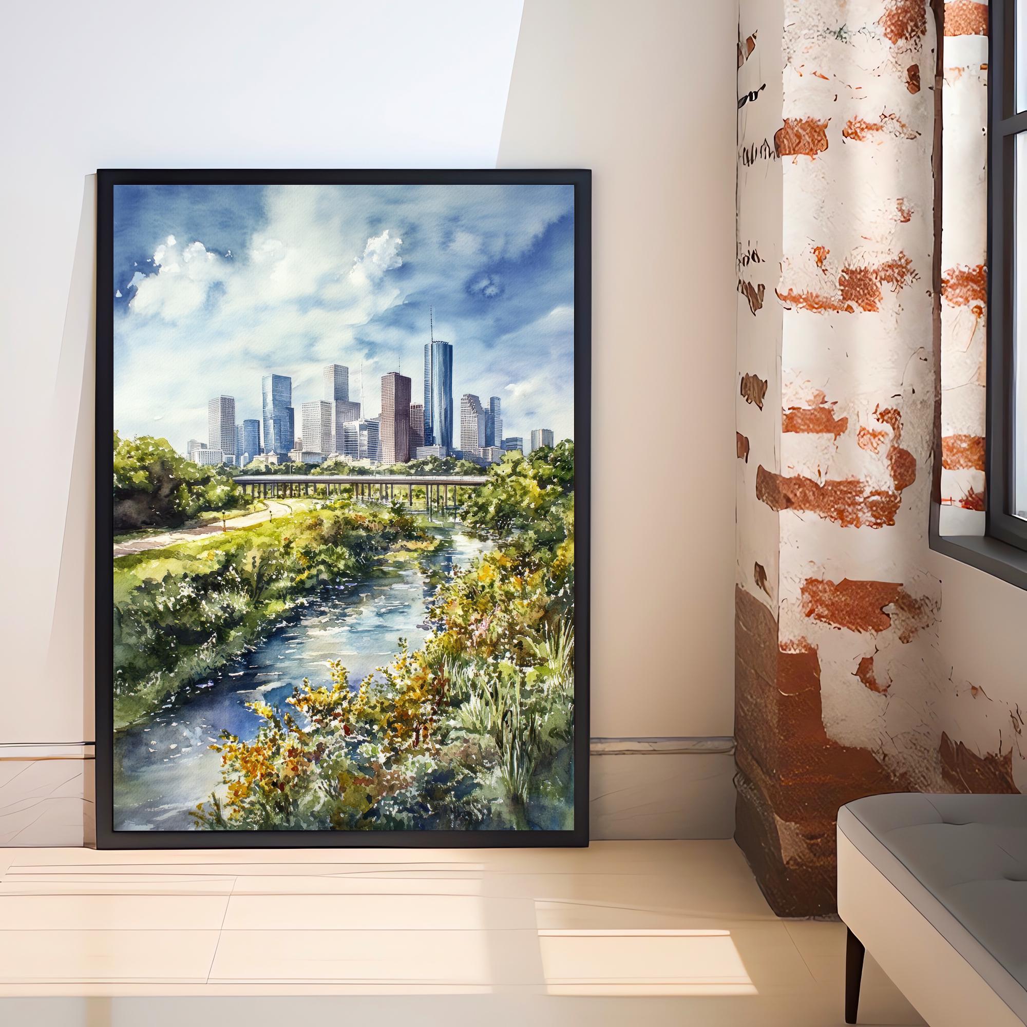 Houston Watercolor Painting Texas City Art Houston Skyline Print Urban Watercolor Landscape Houston Wall Art Scenic Houston Decor