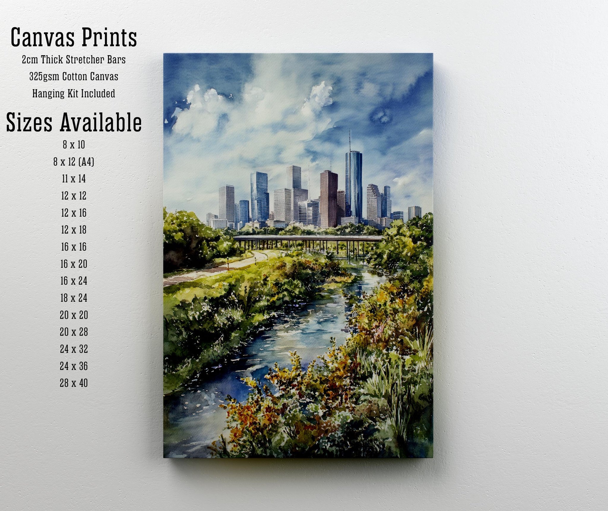 Houston Watercolor Painting Texas City Art Houston Skyline Print Urban Watercolor Landscape Houston Wall Art Scenic Houston Decor