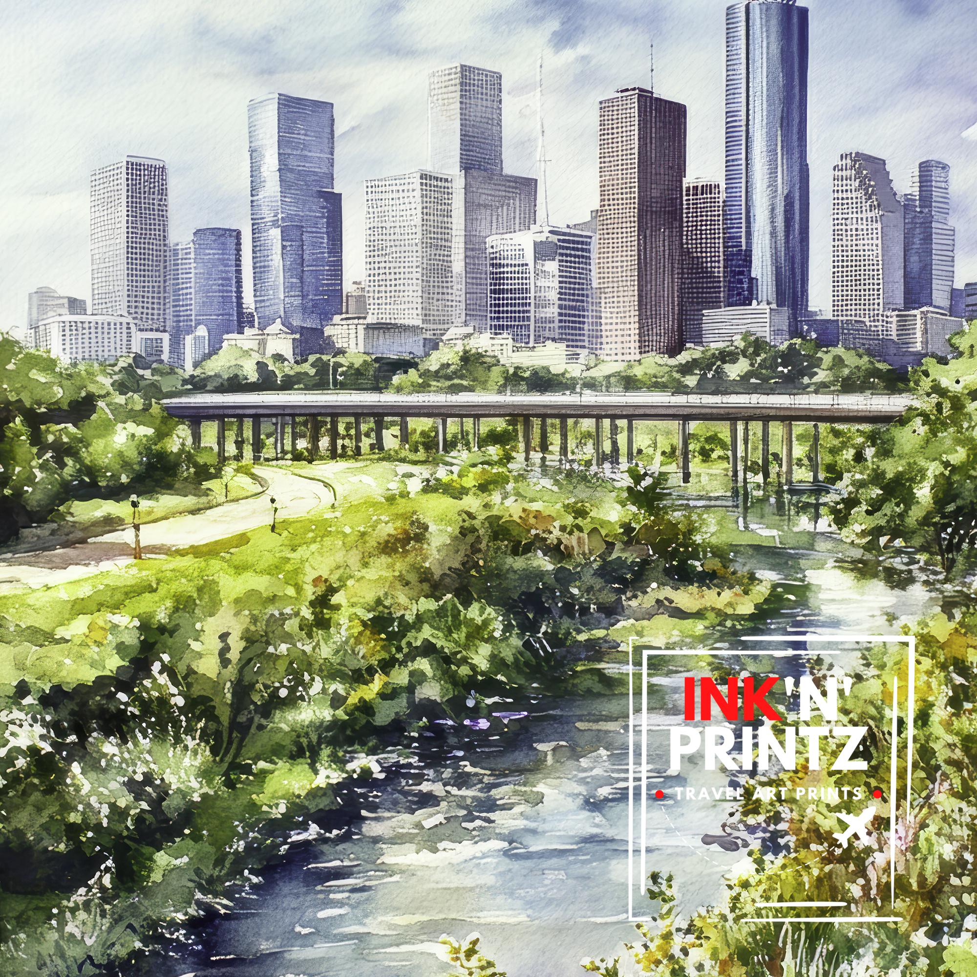 Houston Watercolor Painting Texas City Art Houston Skyline Print Urban Watercolor Landscape Houston Wall Art Scenic Houston Decor