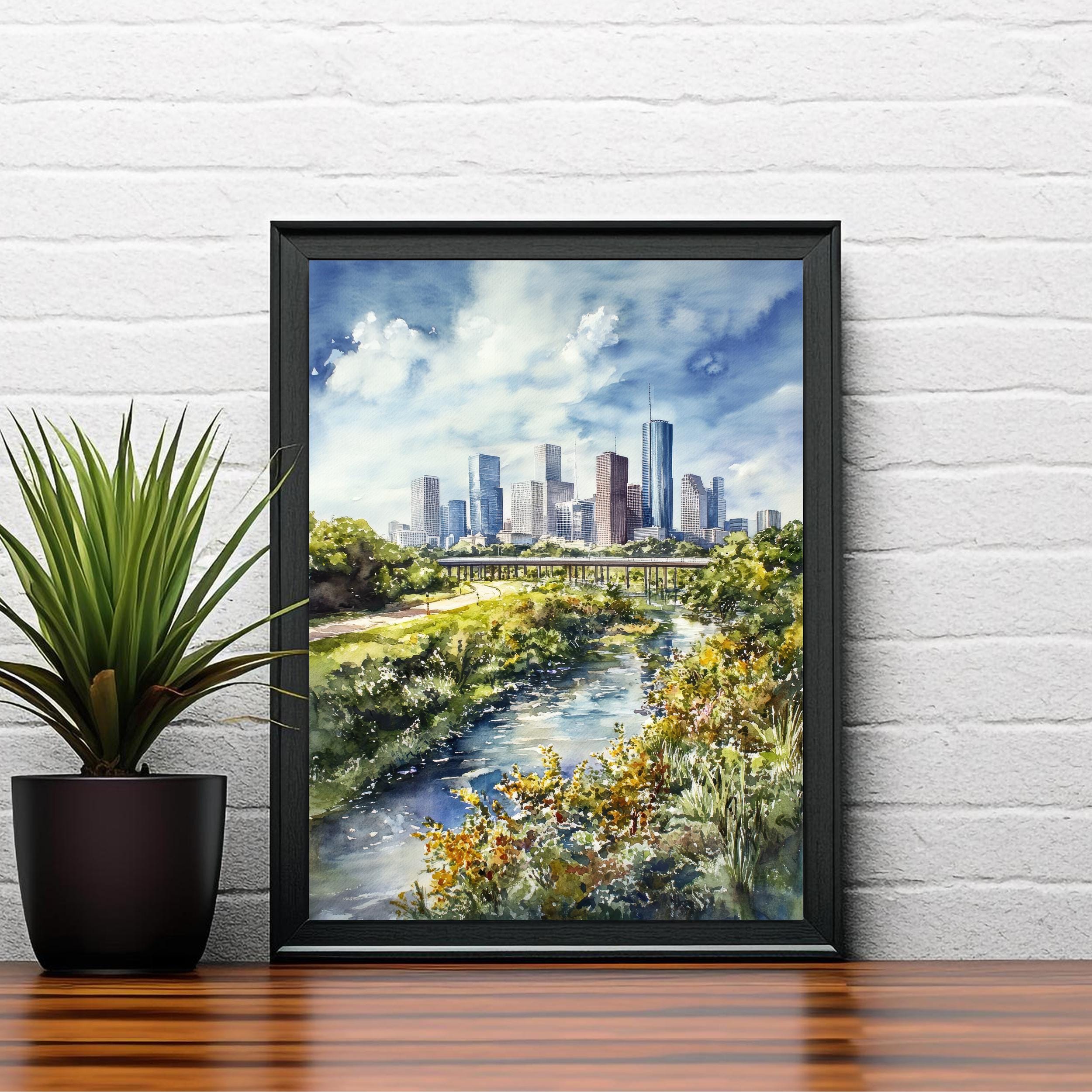 Houston Watercolor Painting Texas City Art Houston Skyline Print Urban Watercolor Landscape Houston Wall Art Scenic Houston Decor