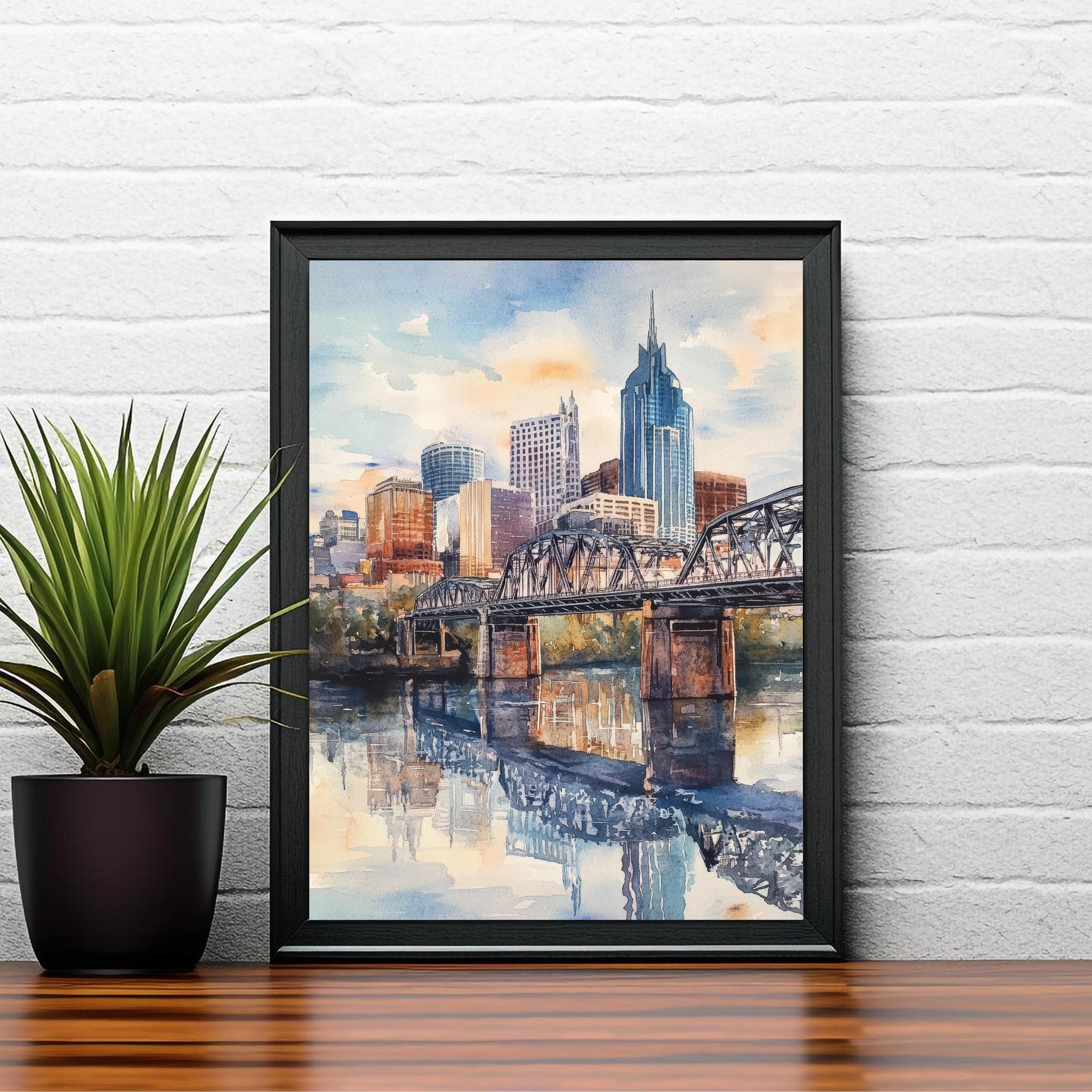 Nashville Watercolor Painting Tennessee City Art Nashville Skyline Poster Urban Watercolor Nashville