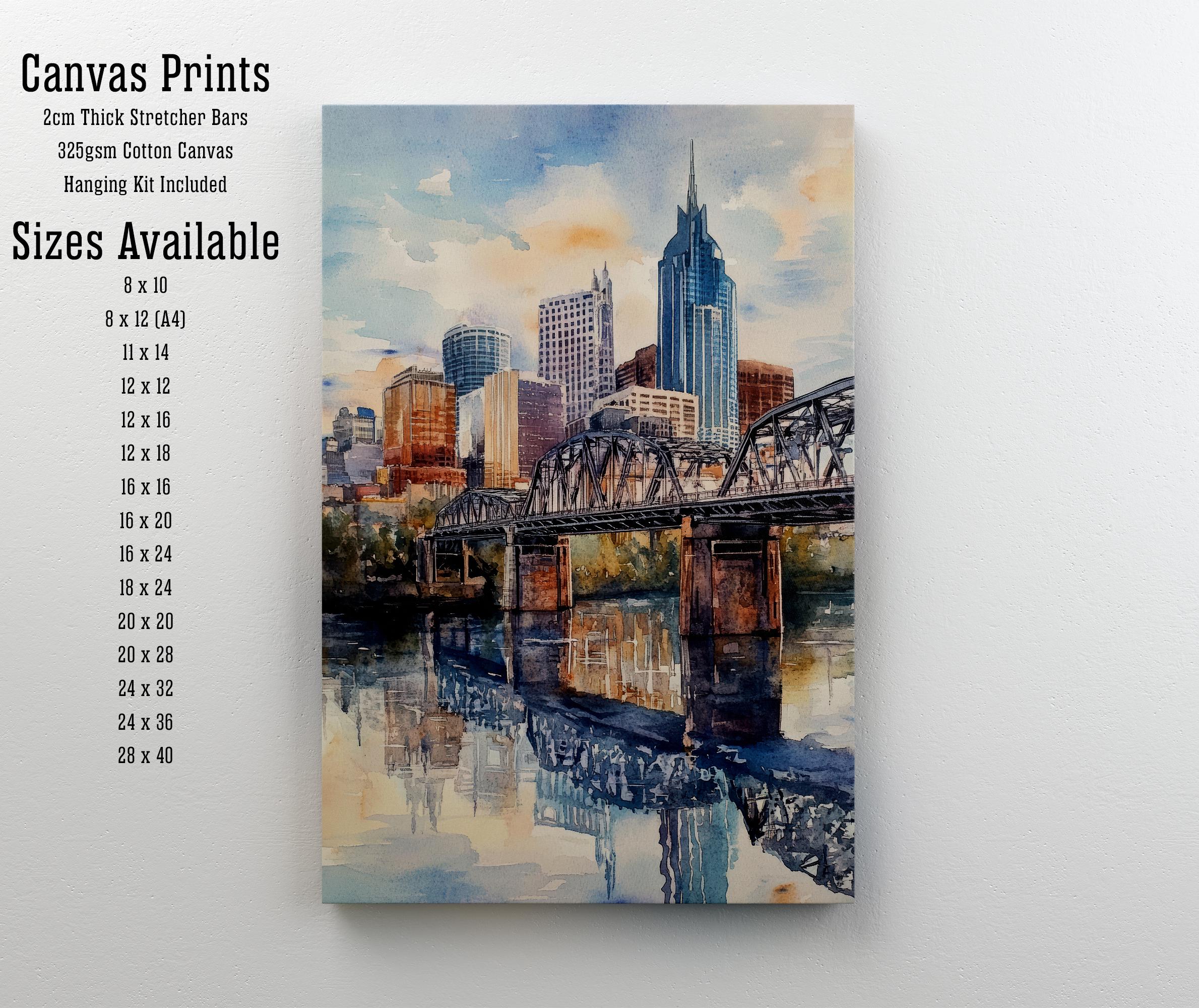 Nashville Watercolor Painting Tennessee City Art Nashville Skyline Poster Urban Watercolor Nashville