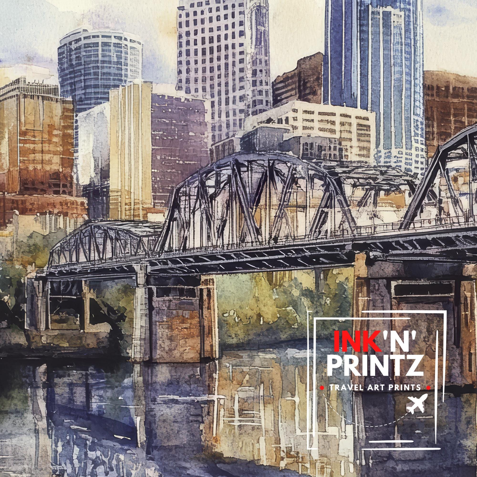 Nashville Watercolor Painting Tennessee City Art Nashville Skyline Poster Urban Watercolor Nashville