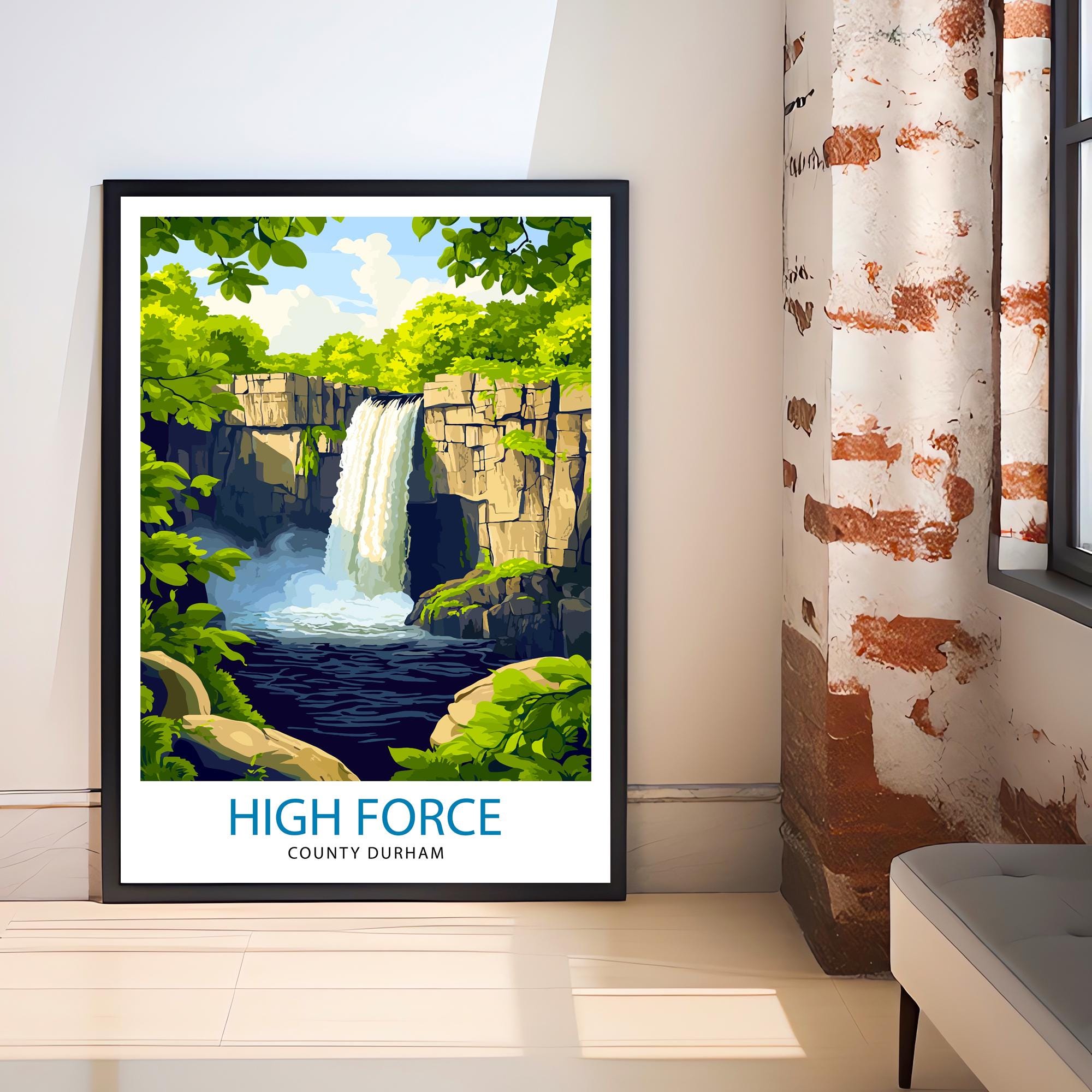 High Force Waterfall Travel Poster Art Print Scenic Nature Wall Art Gift for Adventure Lovers & Home Decor
