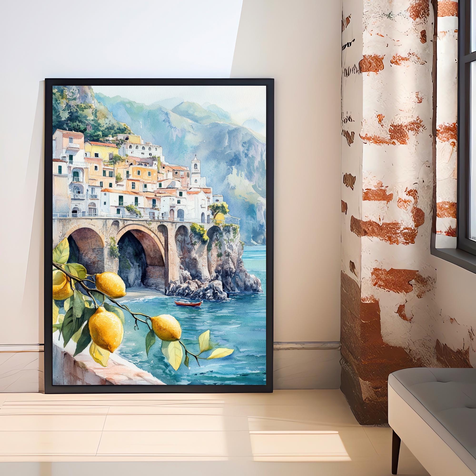 Amalfi Coast Watercolor Painting Italian Coastal Art Amalfi Poster Scenic Italy Watercolor Coastal Decor