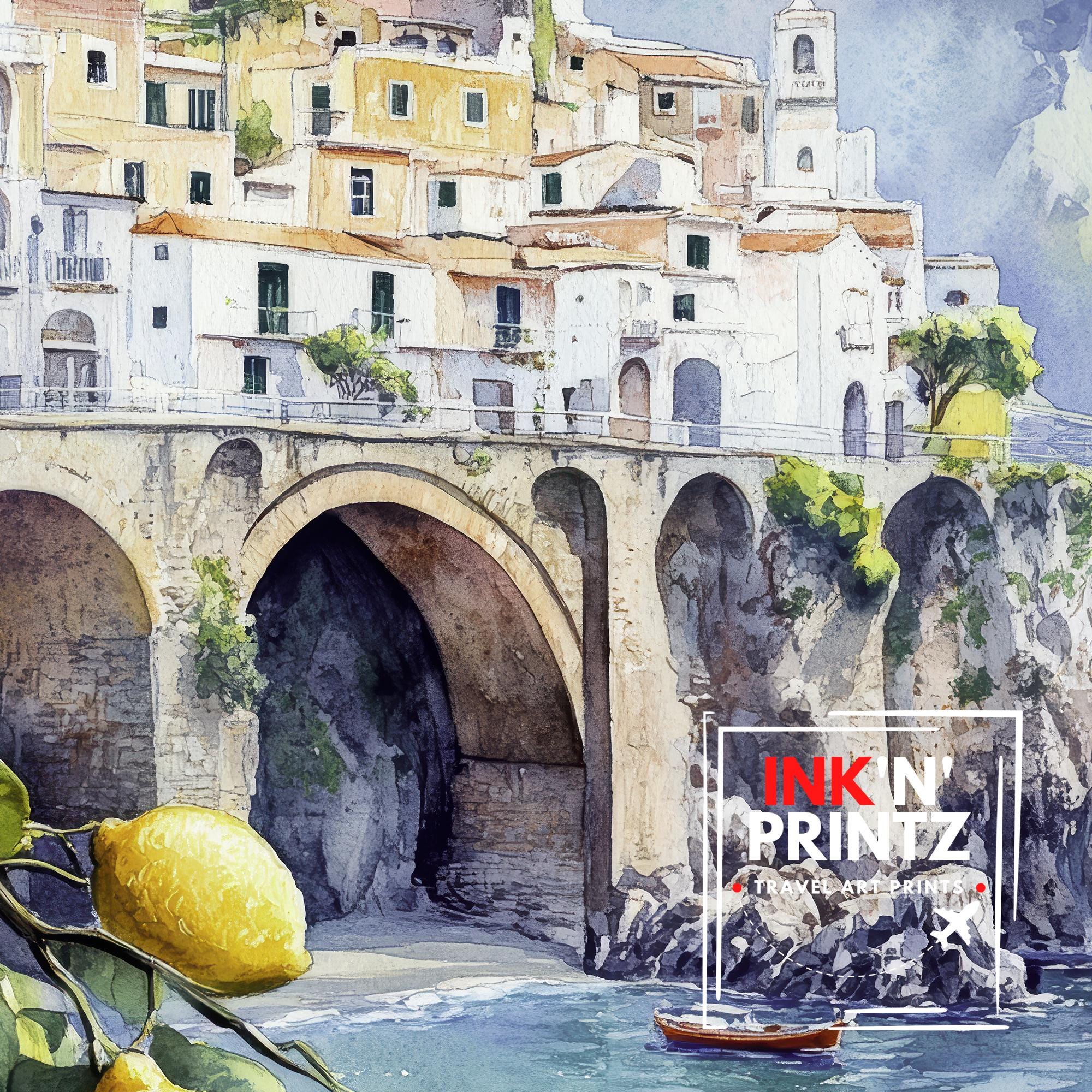 Amalfi Coast Watercolor Painting Italian Coastal Art Amalfi Poster Scenic Italy Watercolor Coastal Decor