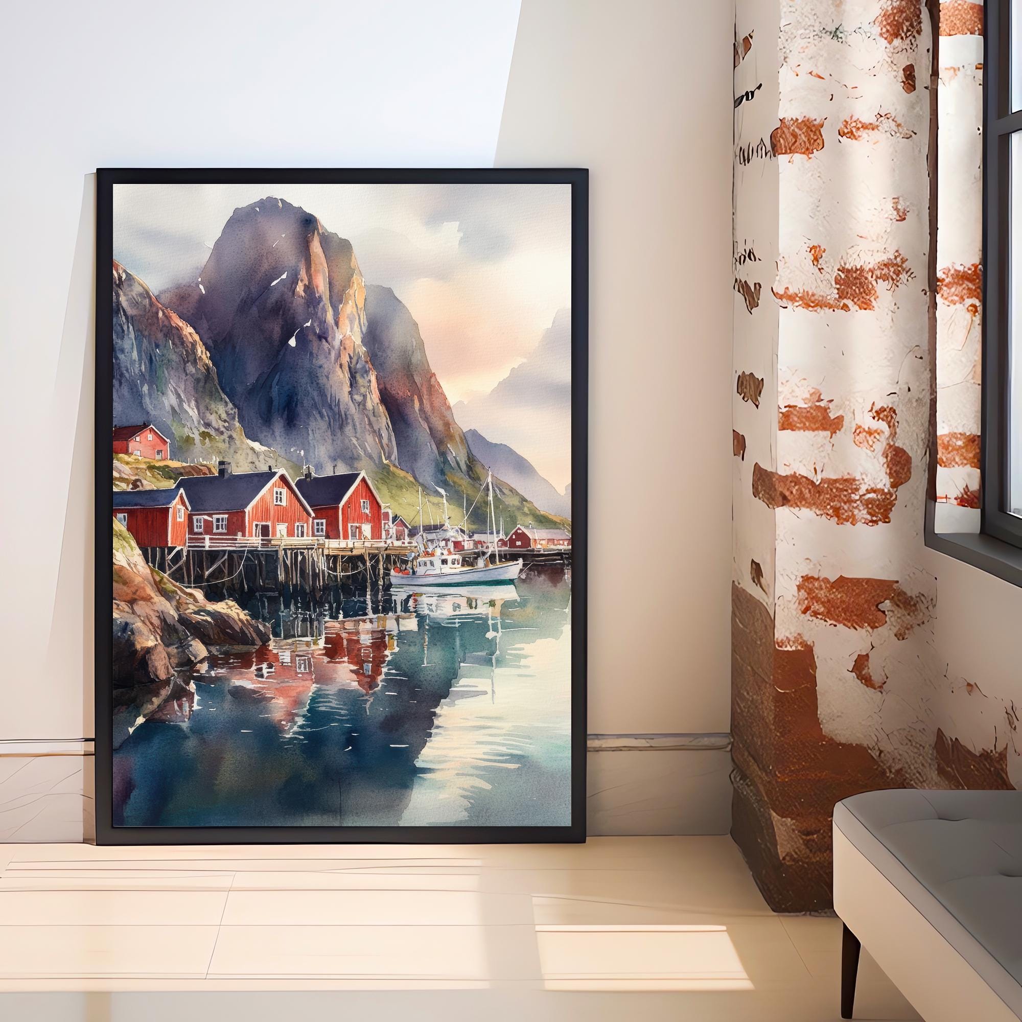 Lofoten Islands Watercolor Painting Norway Landscape Art Lofoten Print Scenic Norway Watercolor Coastal Decor
