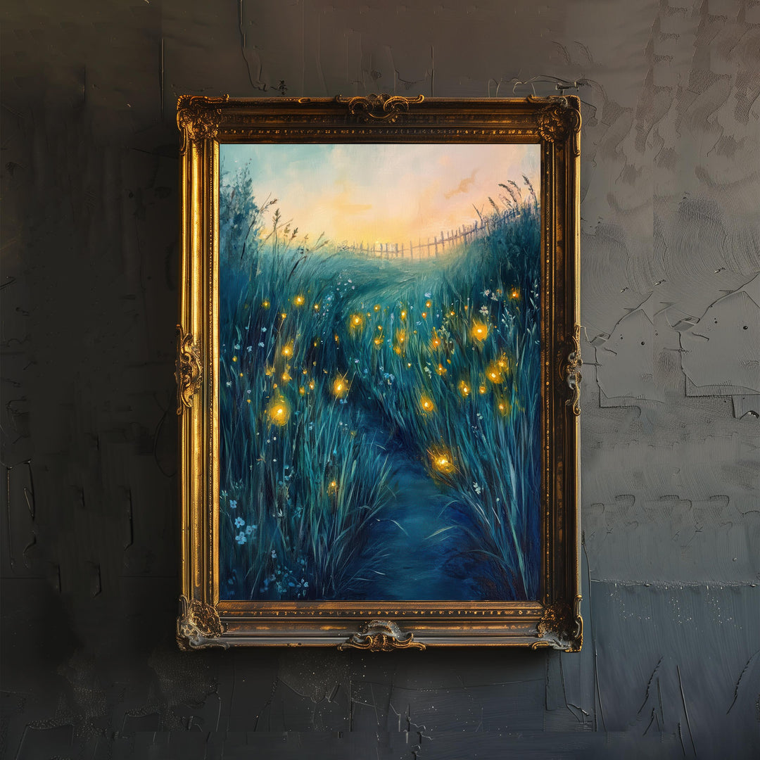 Fireflies Poster Cottagecore Decor Dark Academia Art Enchanted Night Illustration Vintage Nature Wall Art Rustic Aesthetic