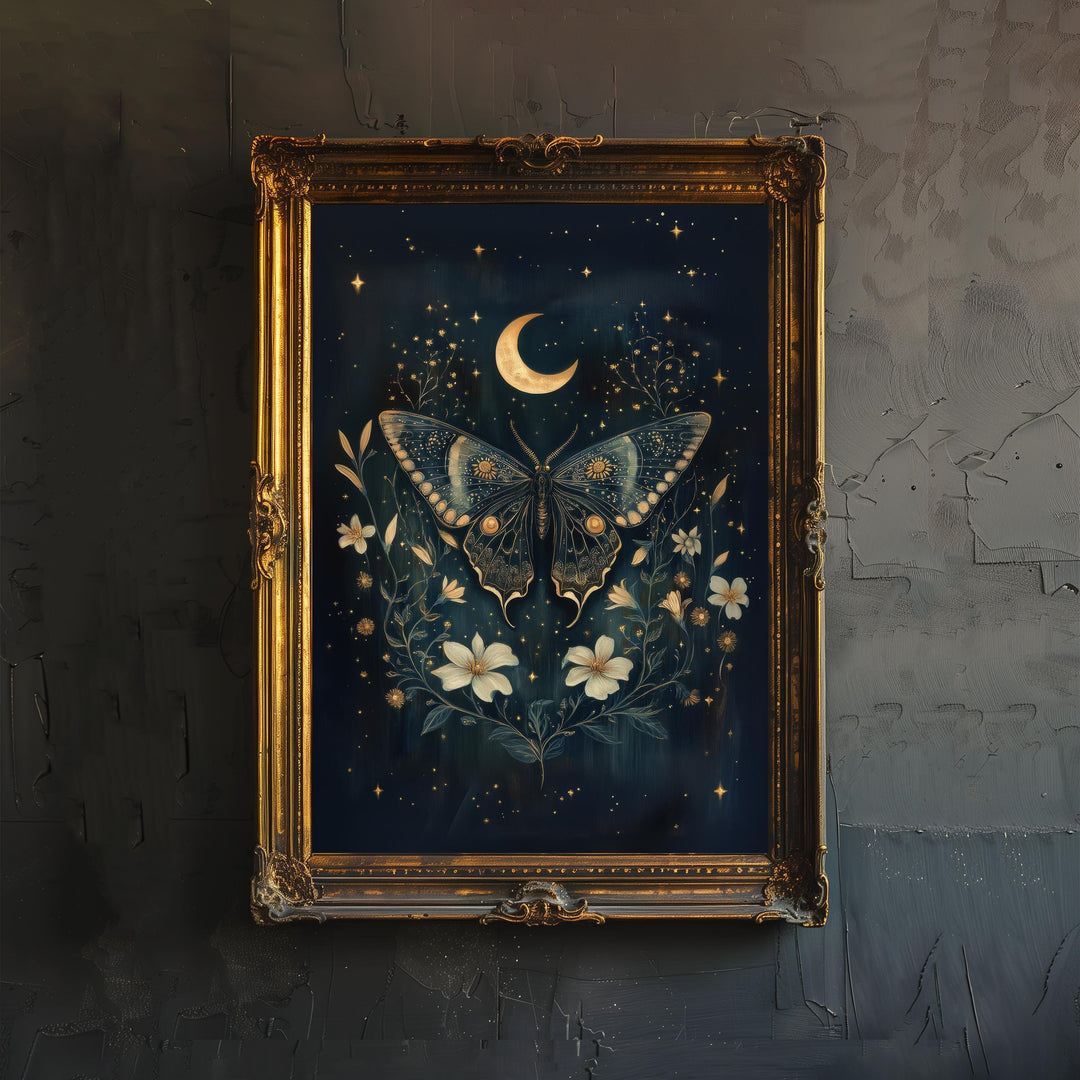 Celestial Moth Cottagecore Dark Academia Art Print Mystical Insect Wall Art Vintage Nature Poster for Living Room Bedroom or Gallery