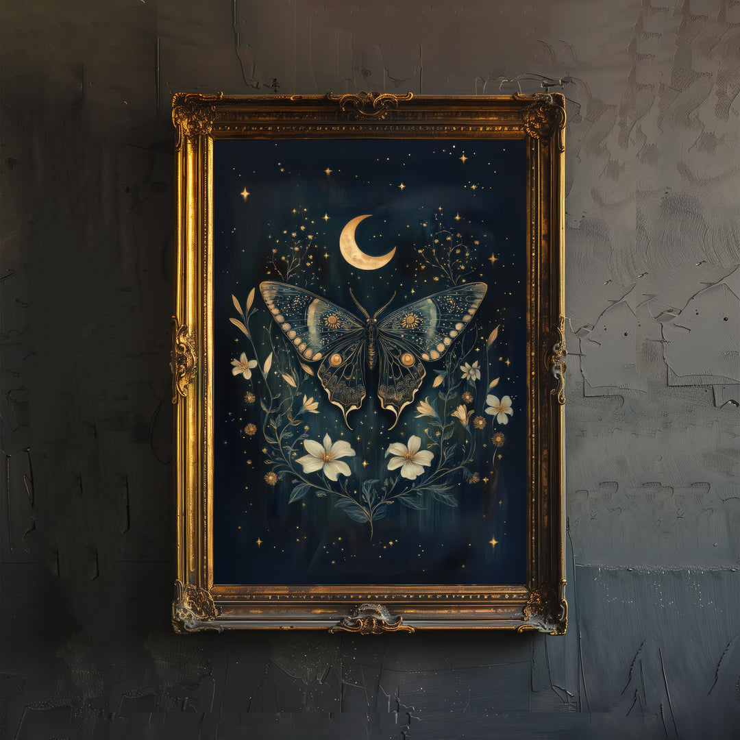 Celestial Moth Cottagecore Dark Academia Art Print Mystical Insect Wall Art Vintage Nature Poster for Living Room Bedroom or Gallery
