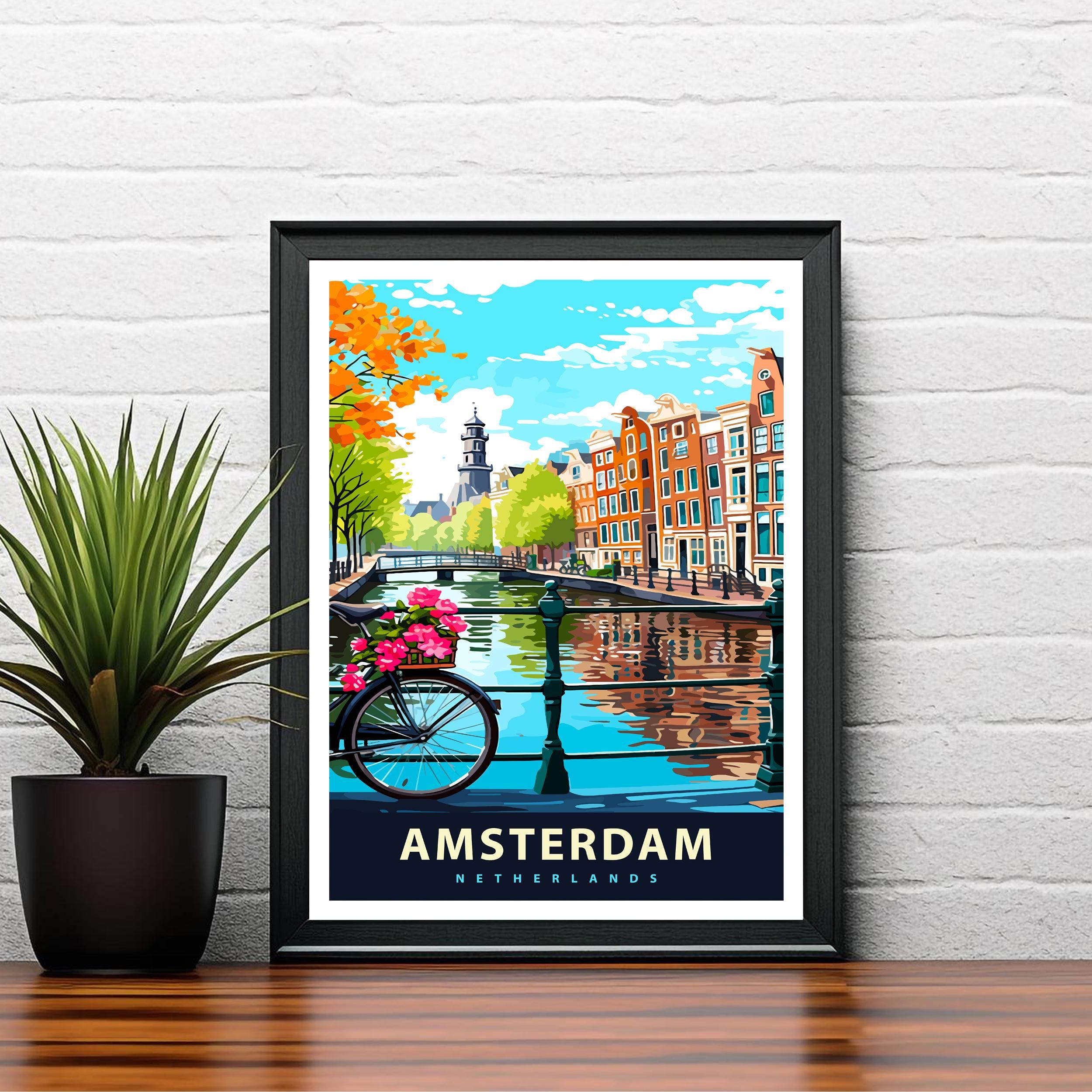 Amsterdam Travel Poster Dutch City Art Amsterdam Canal Poster Scenic Netherlands Poster Amsterdam
