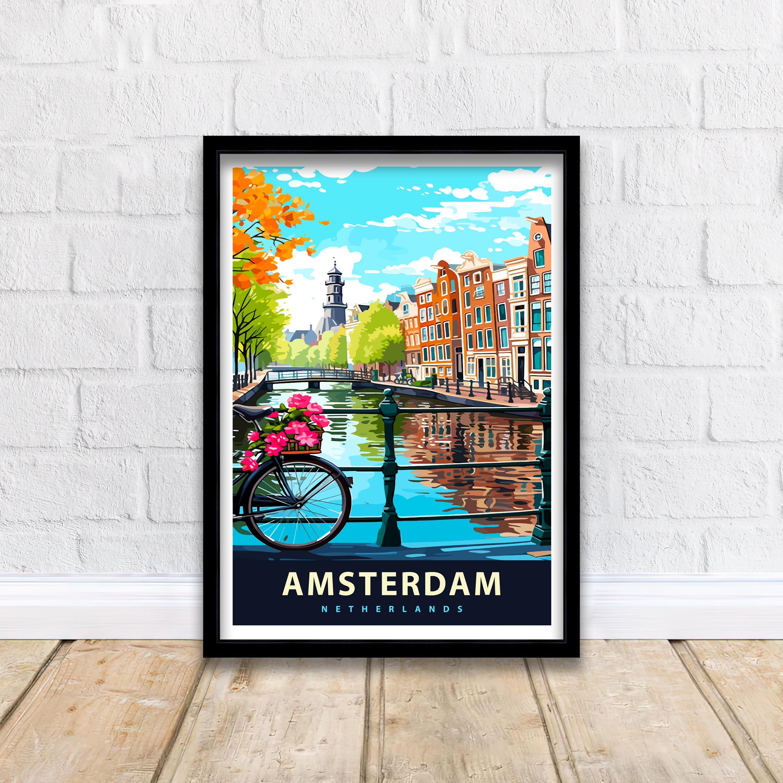 Amsterdam Travel Poster Dutch City Art Amsterdam Canal Poster Scenic Netherlands Poster Amsterdam