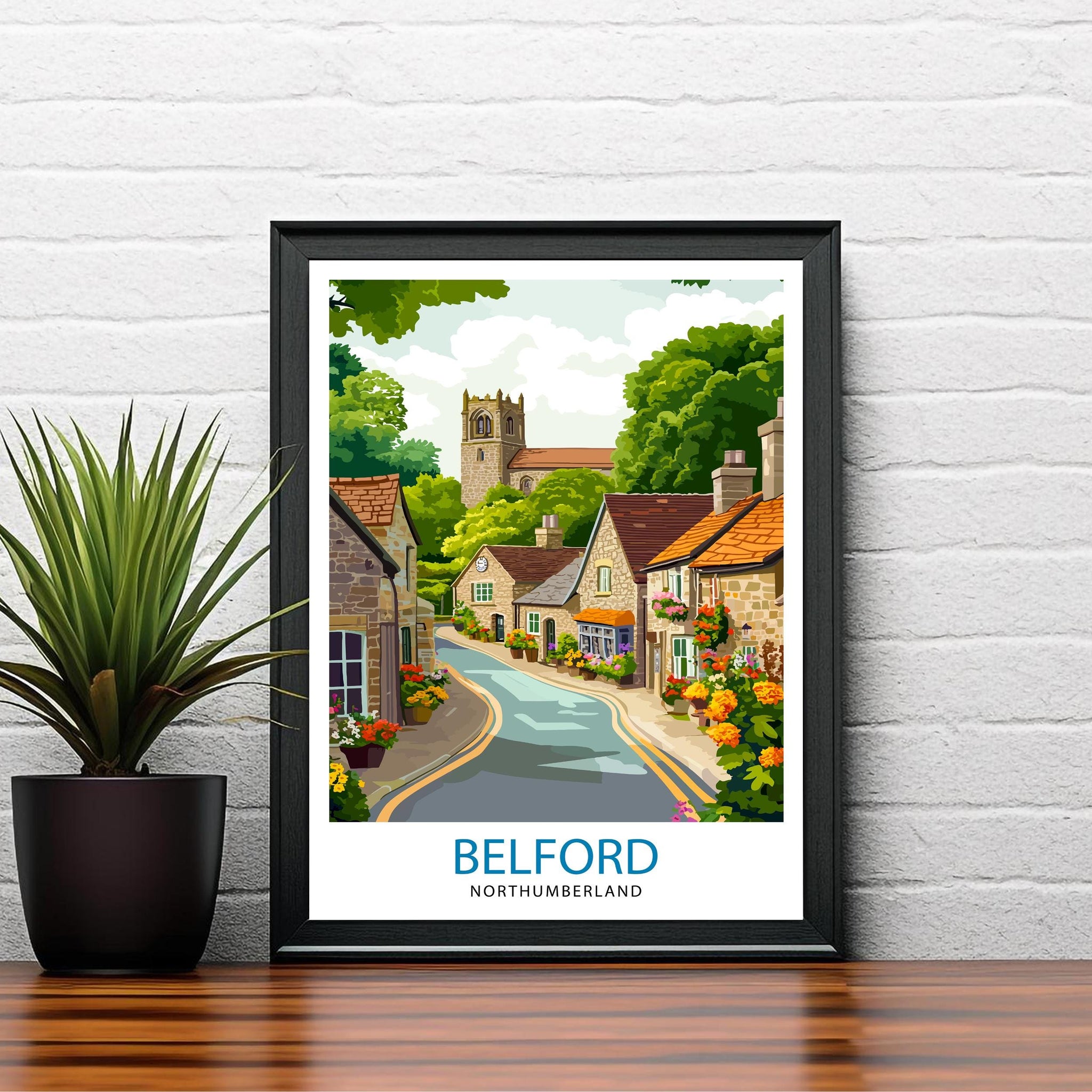 Belford Northumberland Travel Poster UK Village Art Belford Poster Scenic Northumberland Poster British Countryside Decor